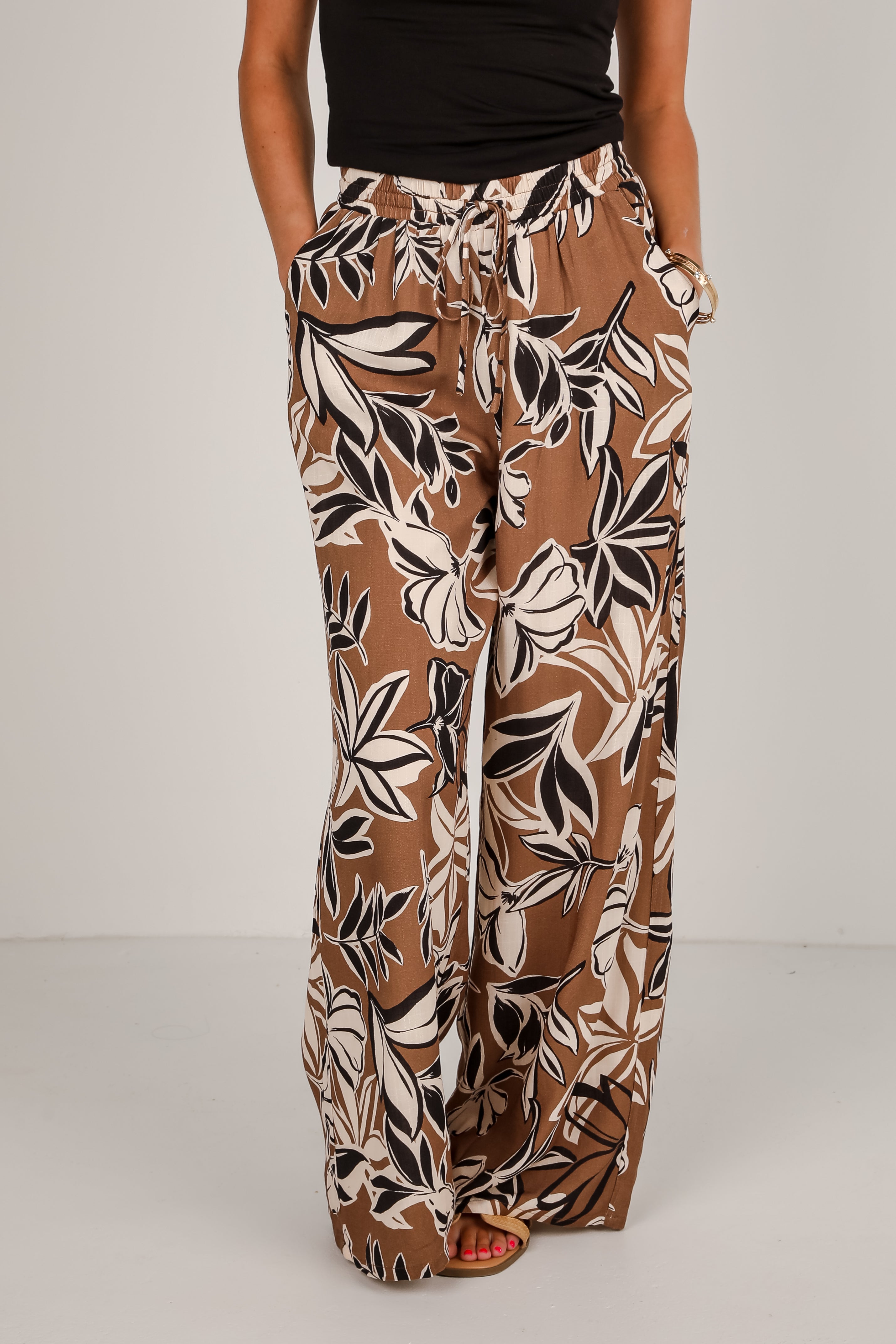 Spend Some Time Taupe Floral Wide Leg Pants