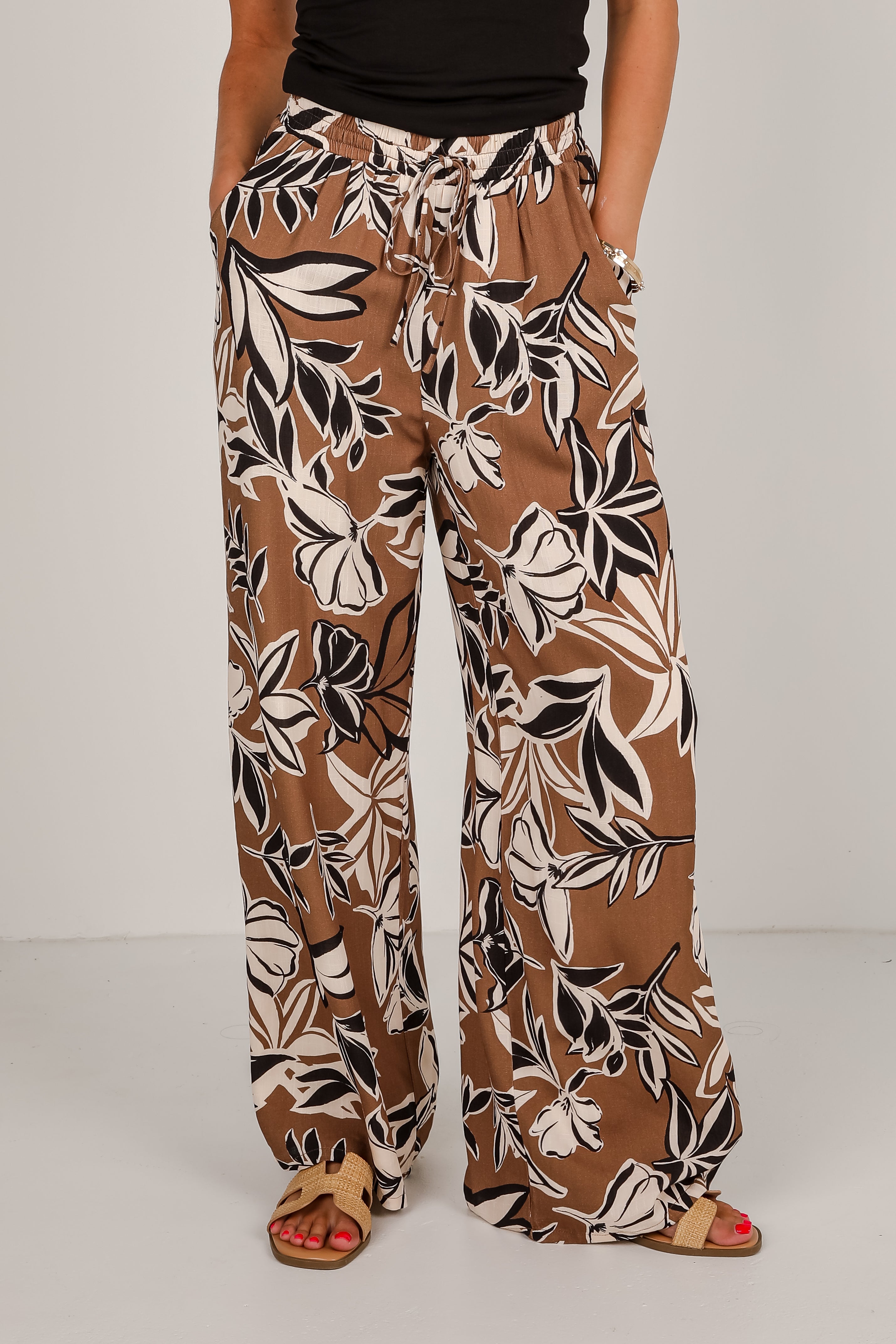 Spend Some Time Taupe Floral Wide Leg Pants