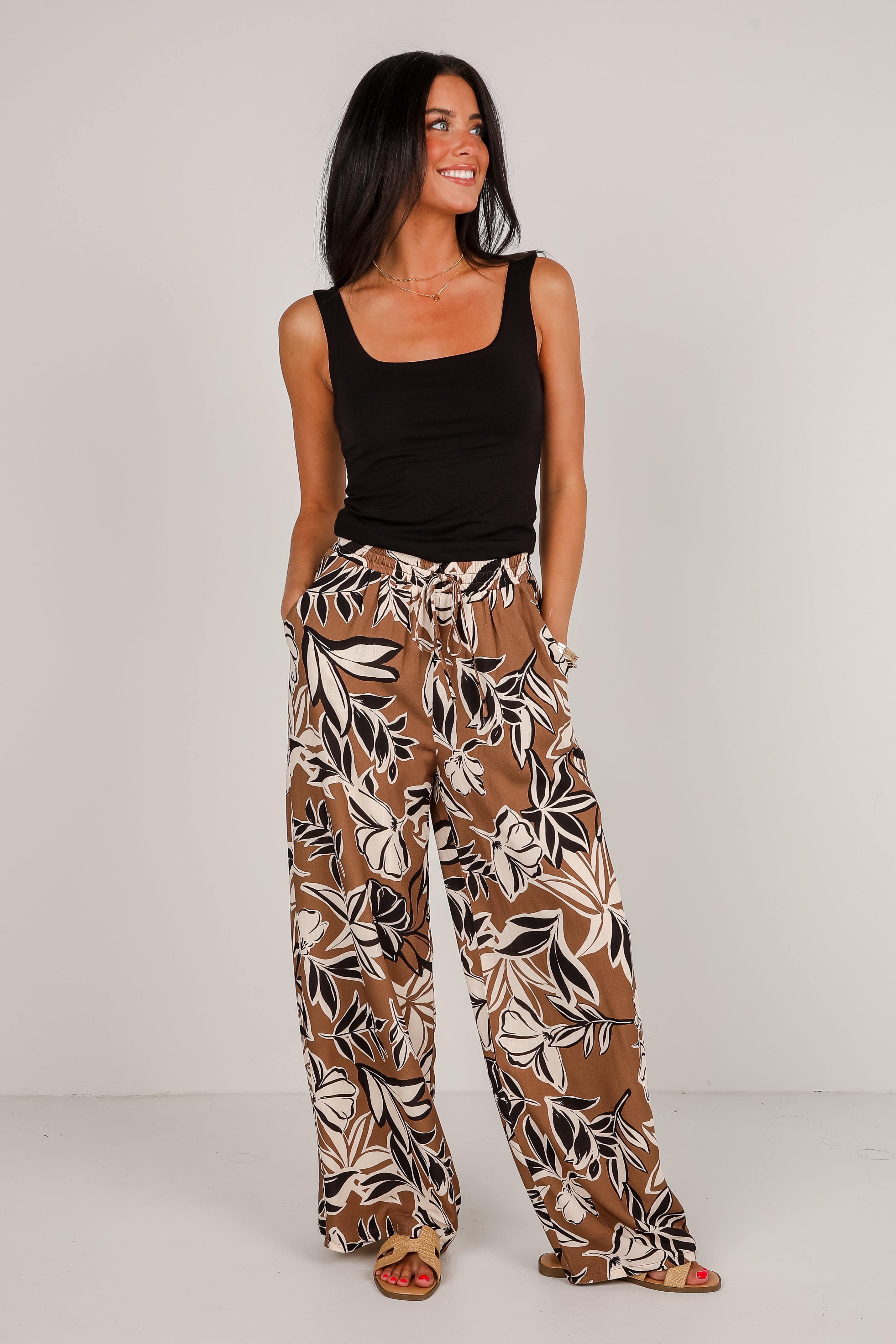 Spend Some Time Taupe Floral Wide Leg Pants