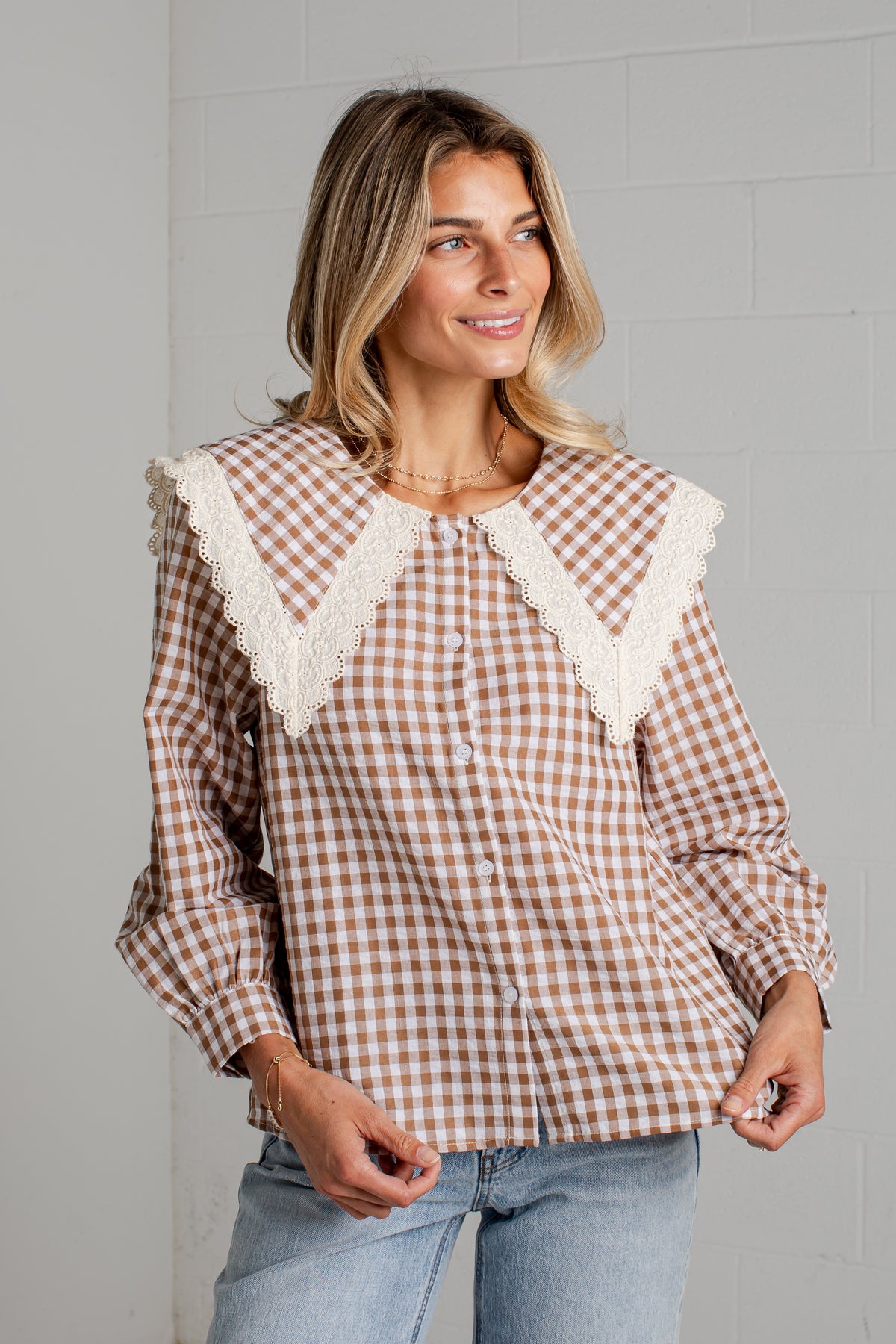 Cottage Calling Gingham Taupe Collar Blouse