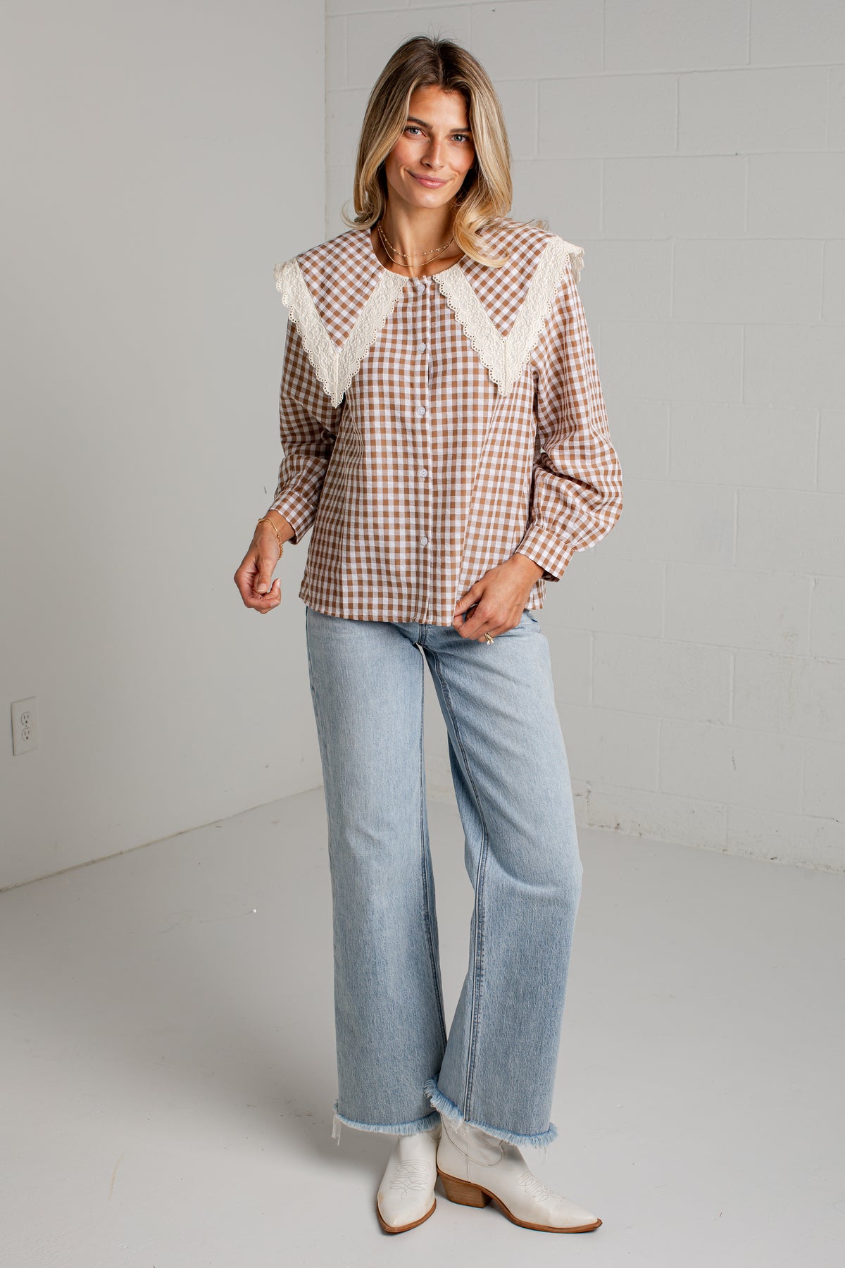 Cottage Calling Gingham Taupe Collar Blouse