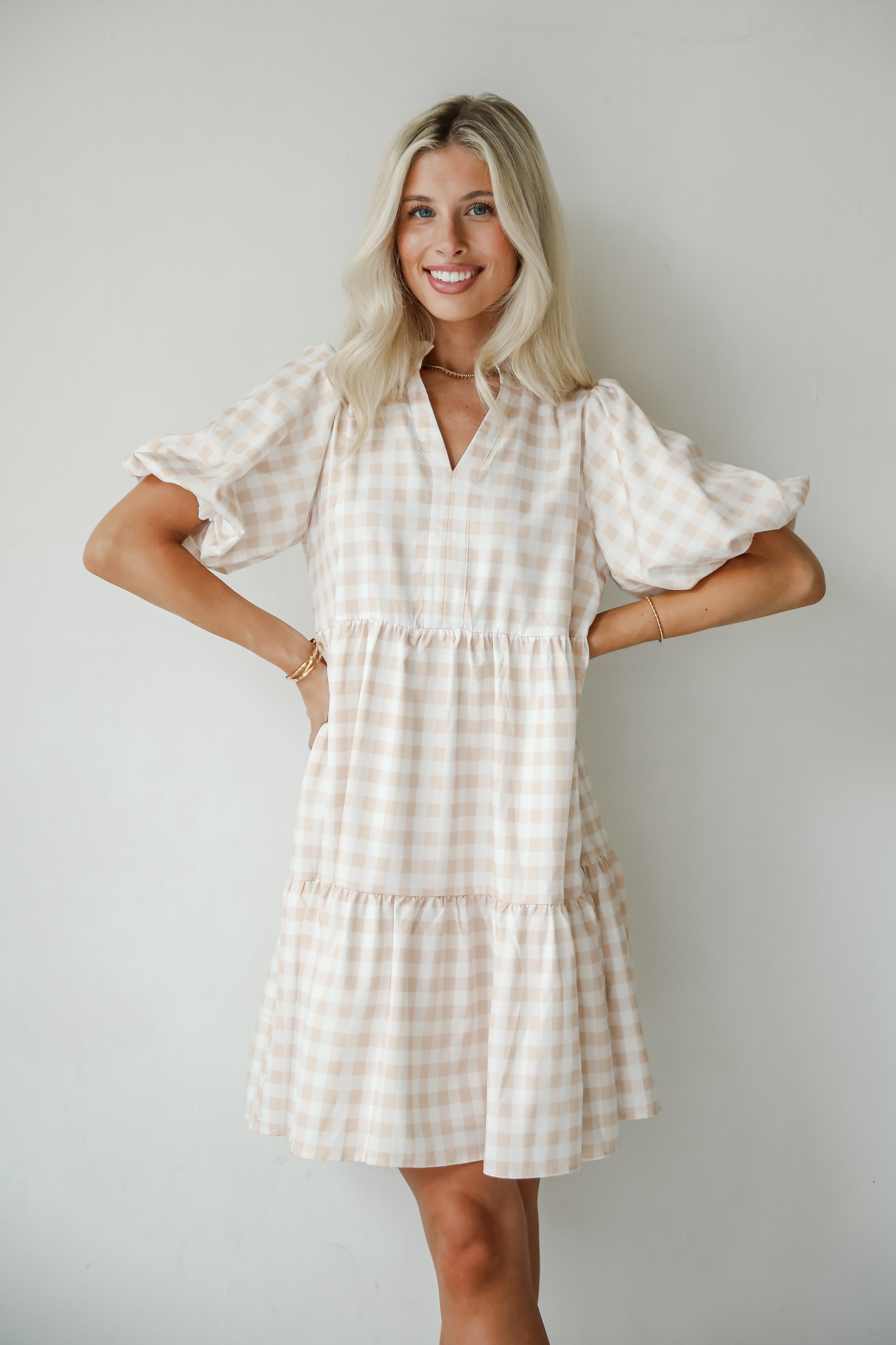 Quite Perfect Taupe Gingham Tiered Mini Dress