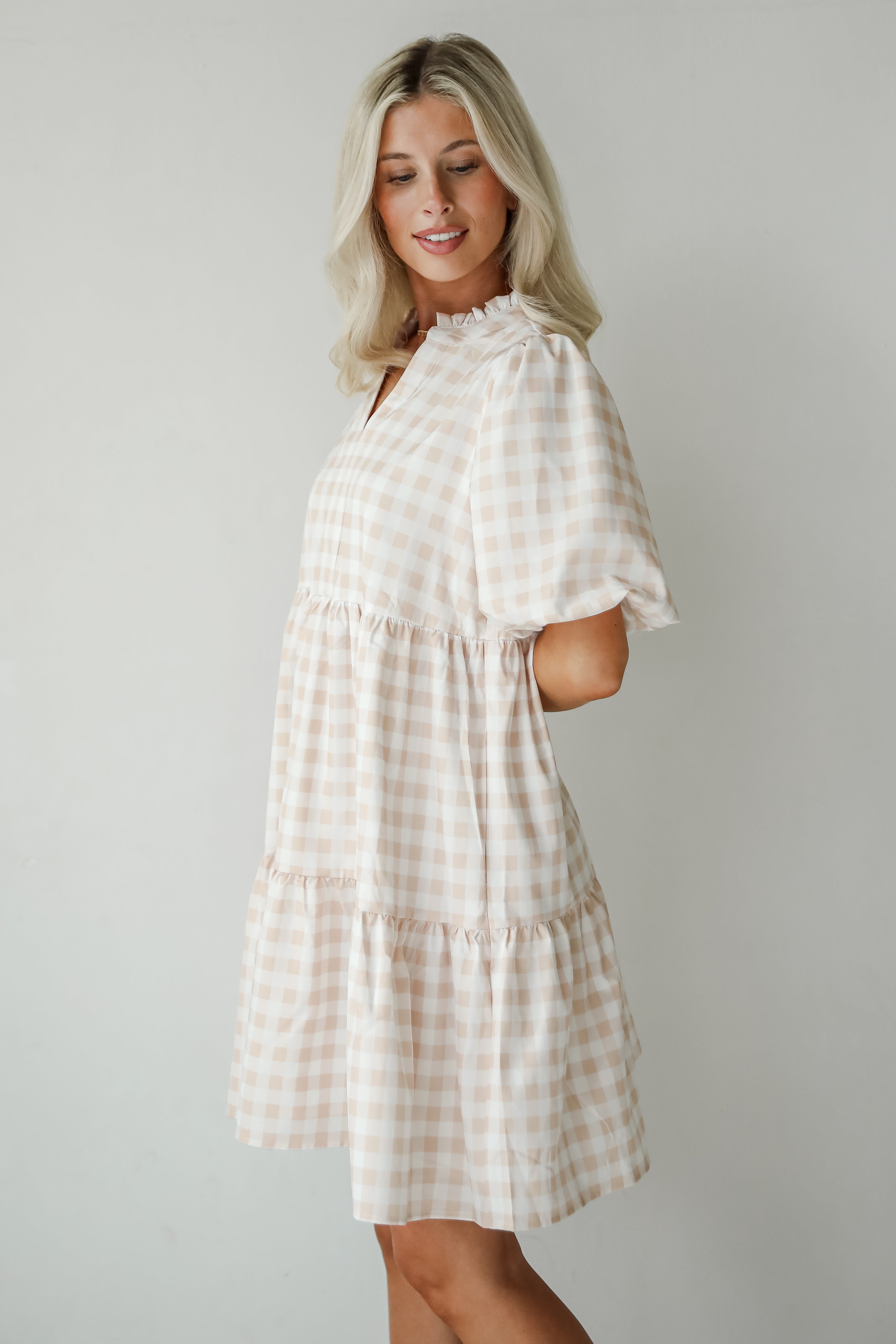 Quite Perfect Taupe Gingham Tiered Mini Dress