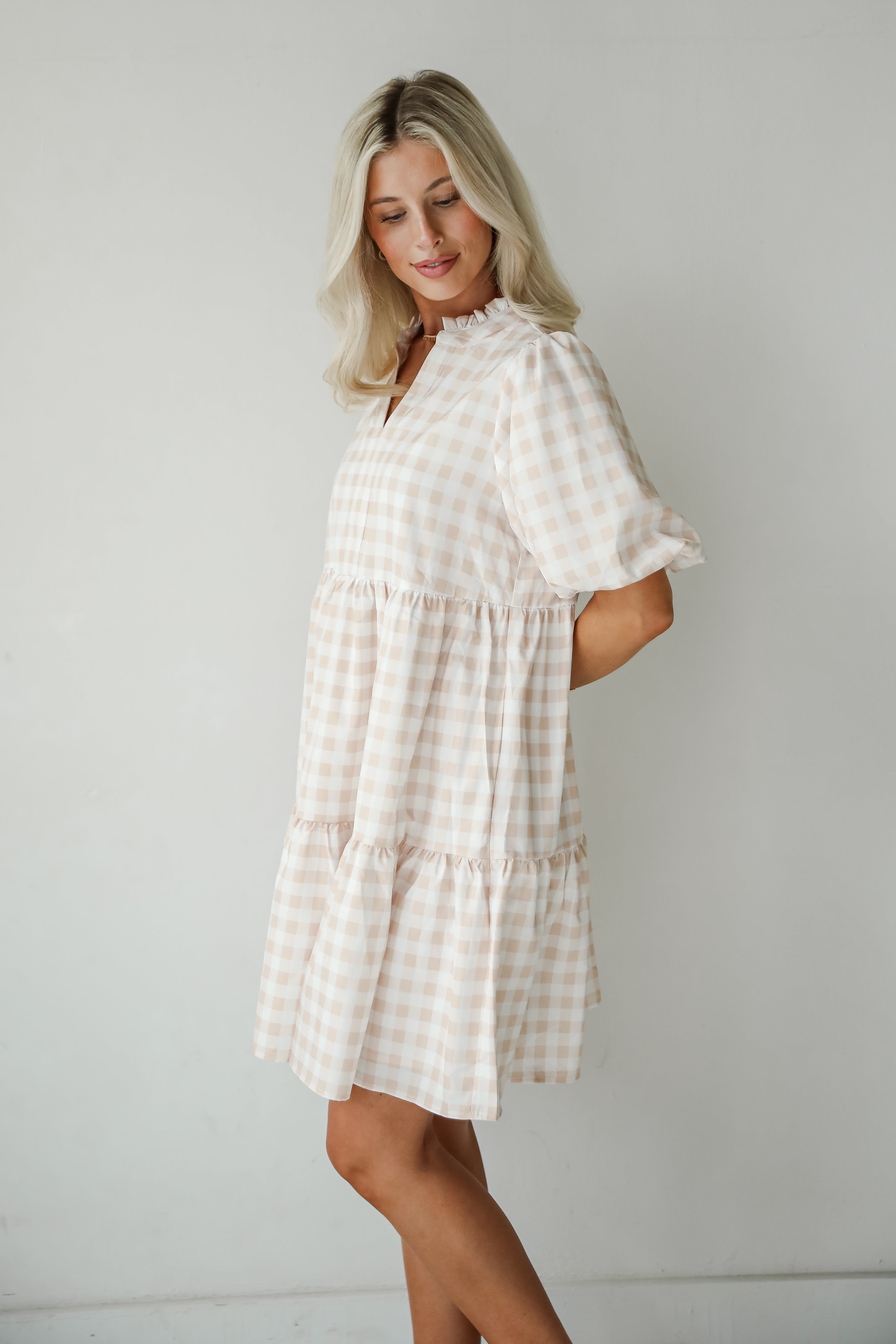 Quite Perfect Taupe Gingham Tiered Mini Dress