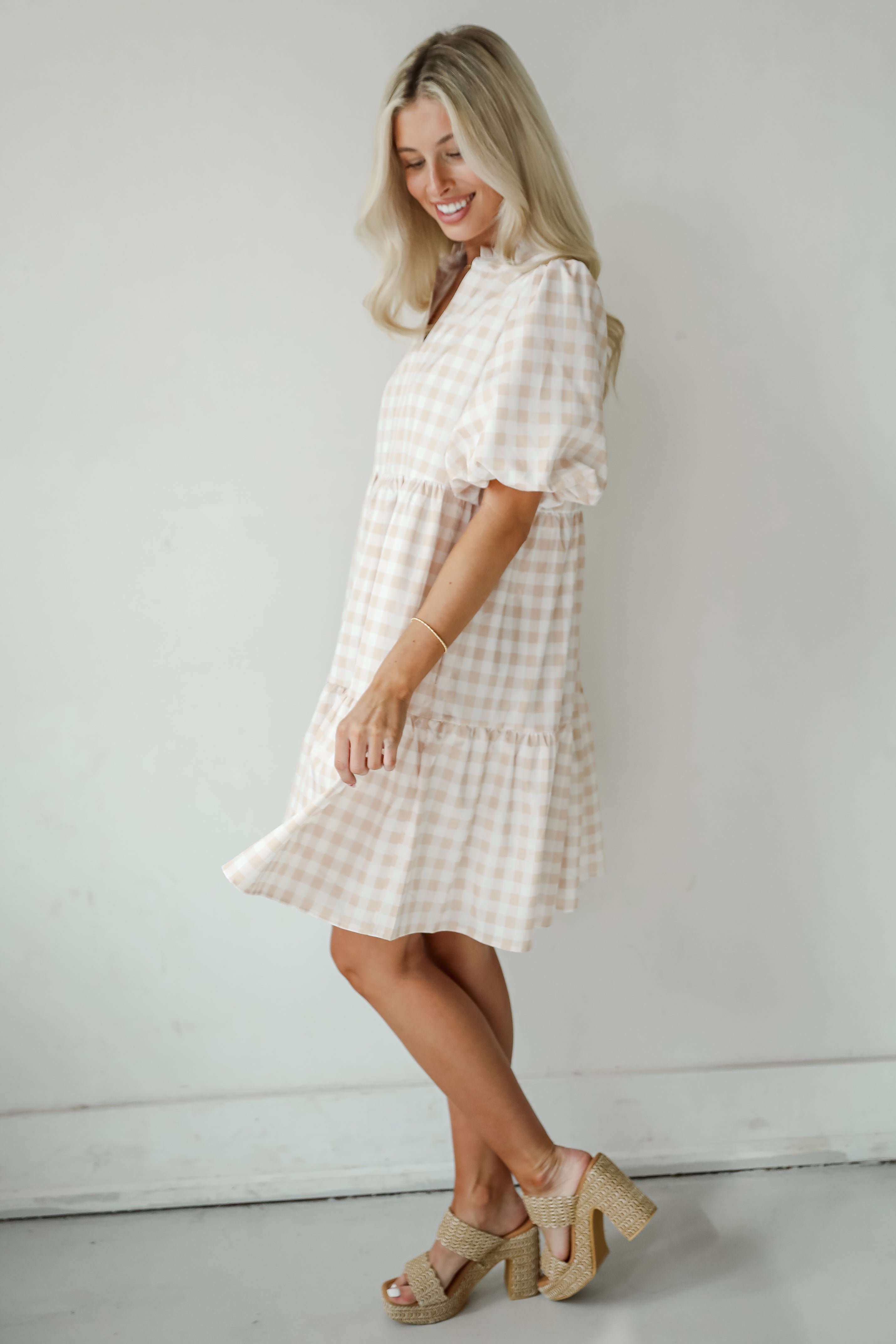 Quite Perfect Taupe Gingham Tiered Mini Dress