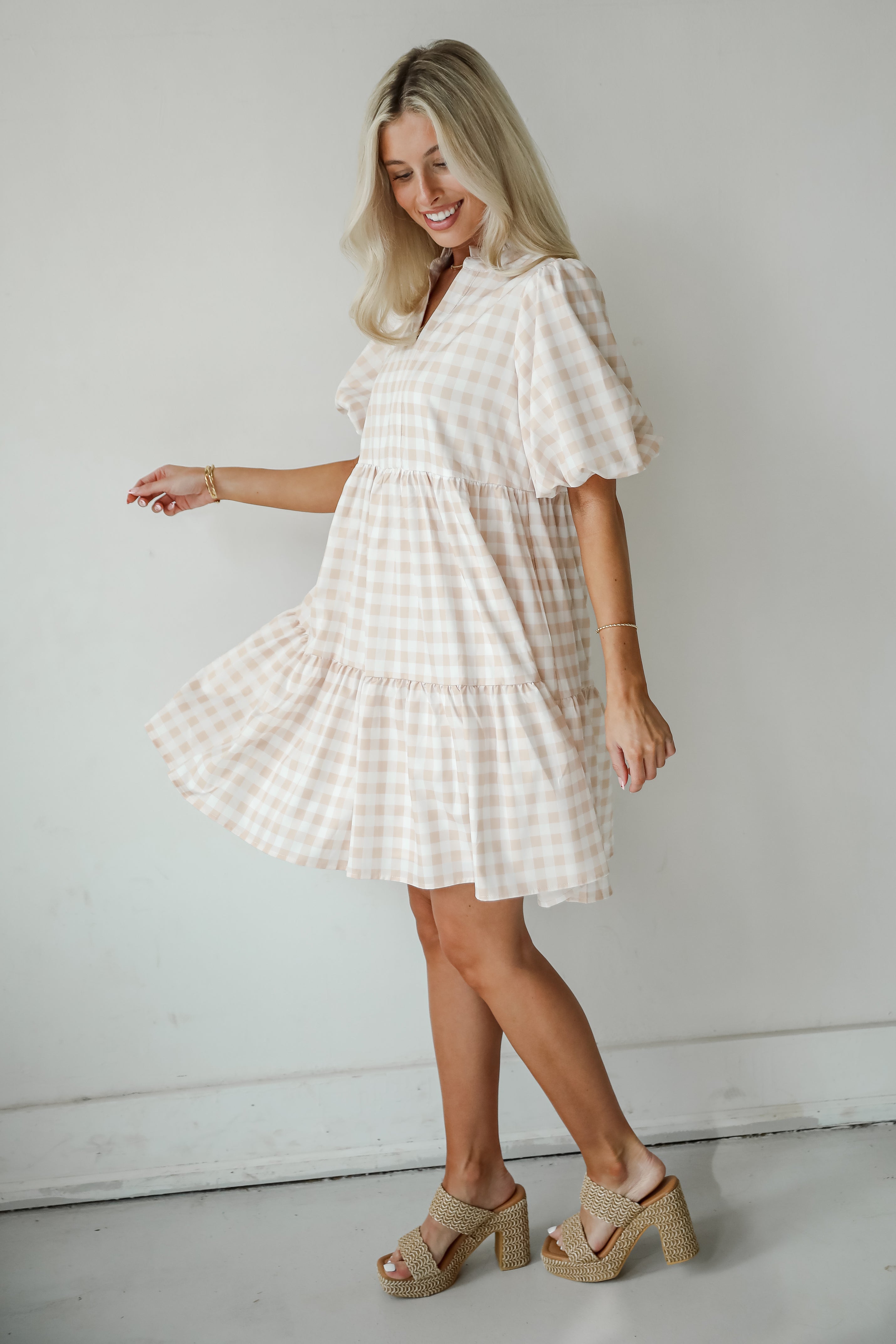 Quite Perfect Taupe Gingham Tiered Mini Dress