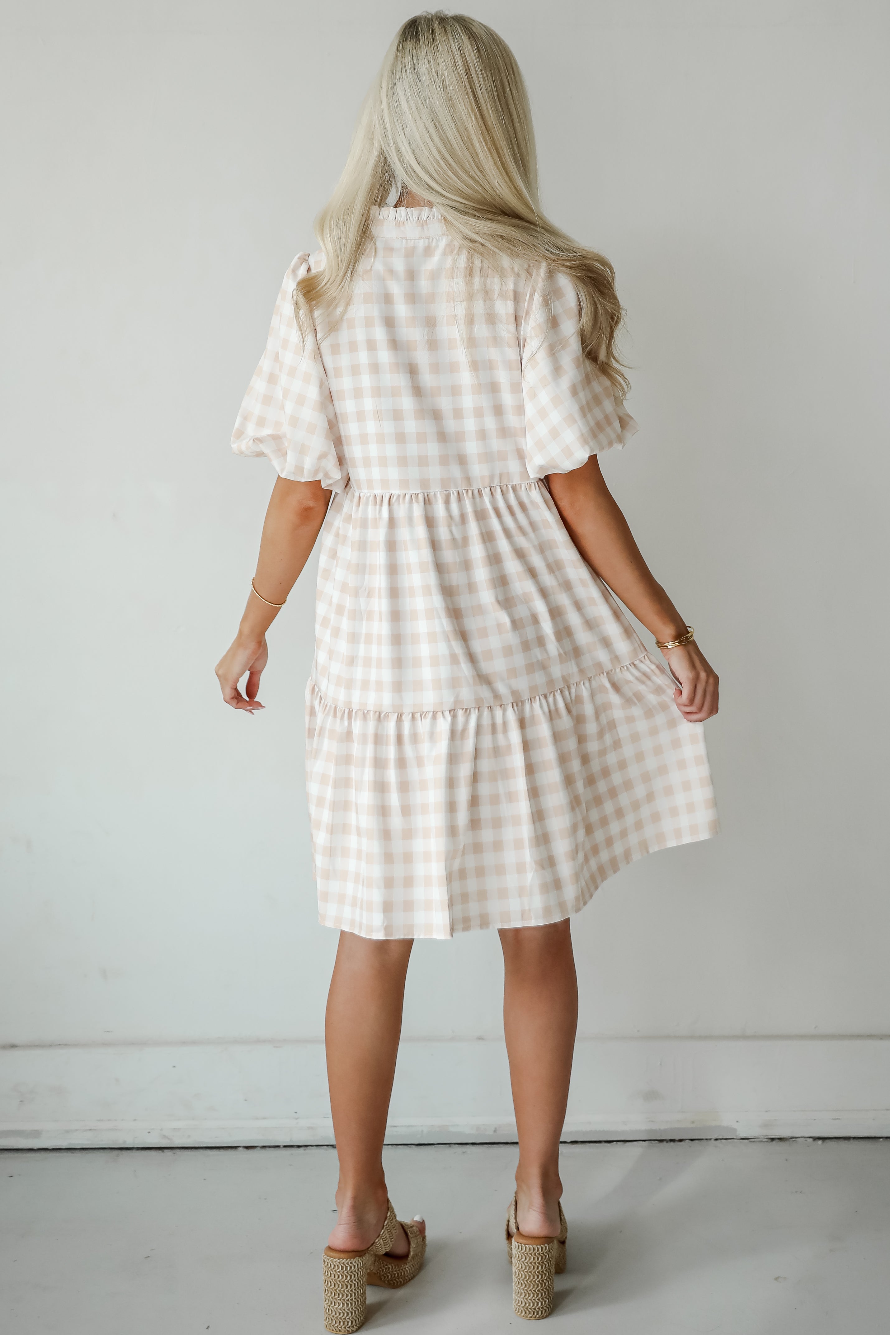 Quite Perfect Taupe Gingham Tiered Mini Dress