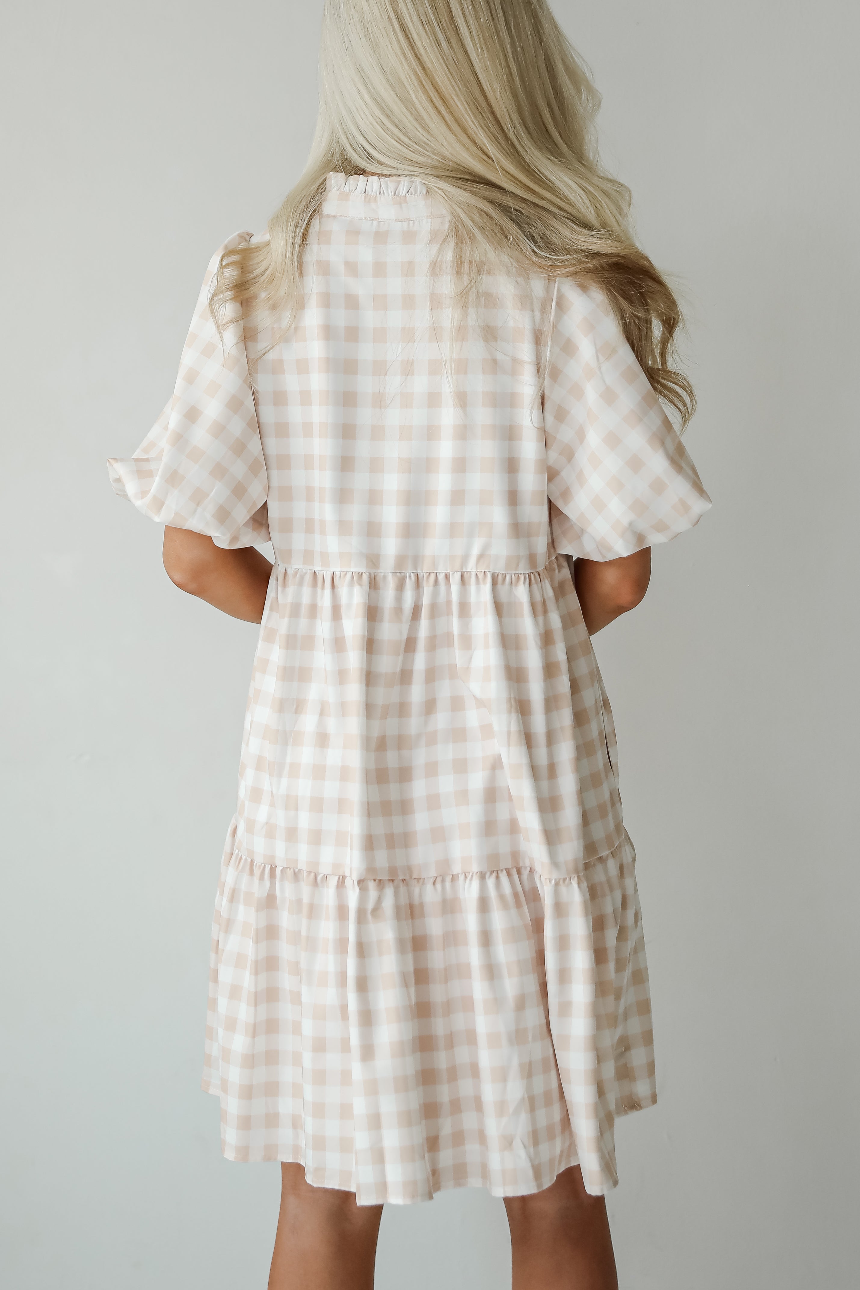 Quite Perfect Taupe Gingham Tiered Mini Dress