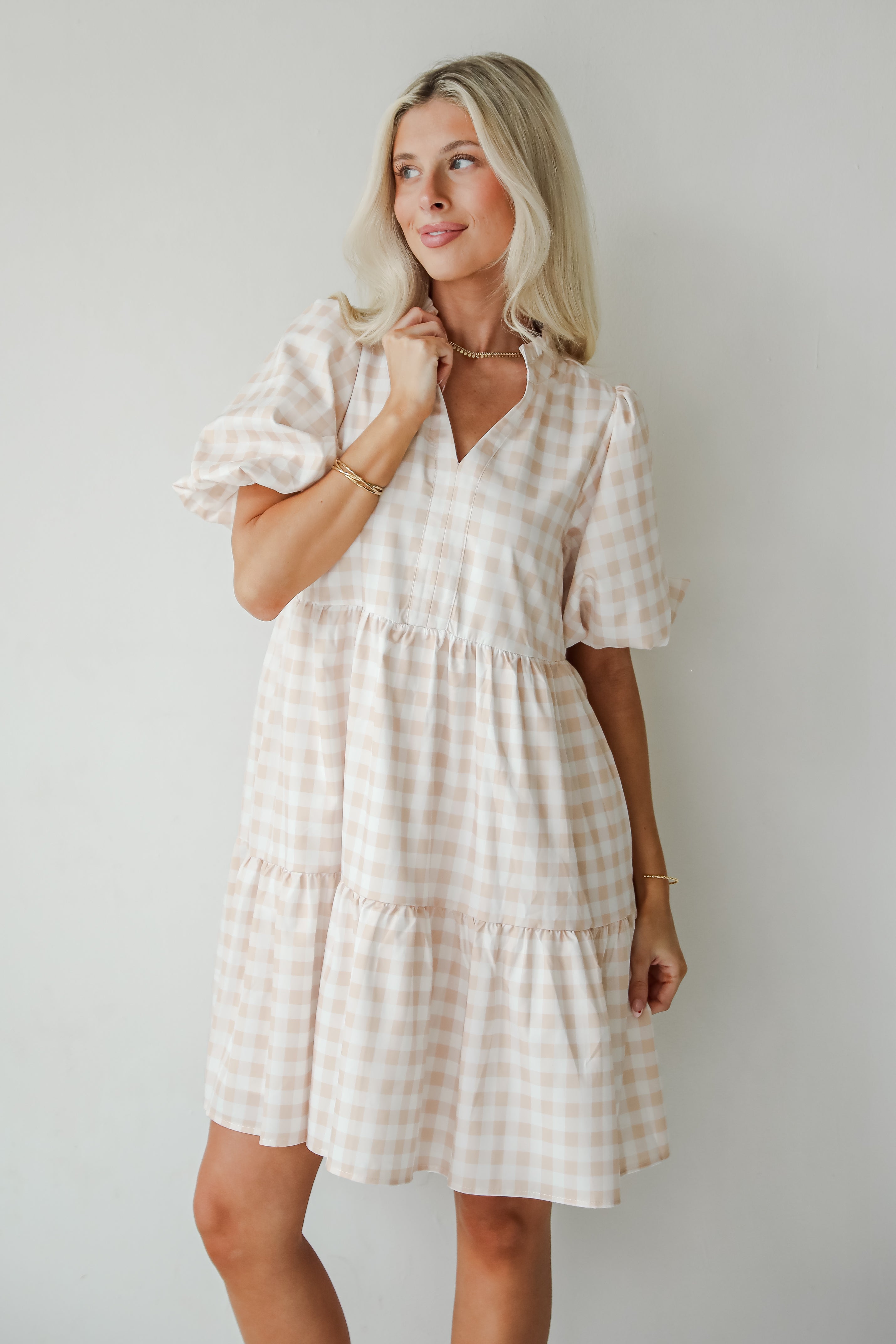 Quite Perfect Taupe Gingham Tiered Mini Dress