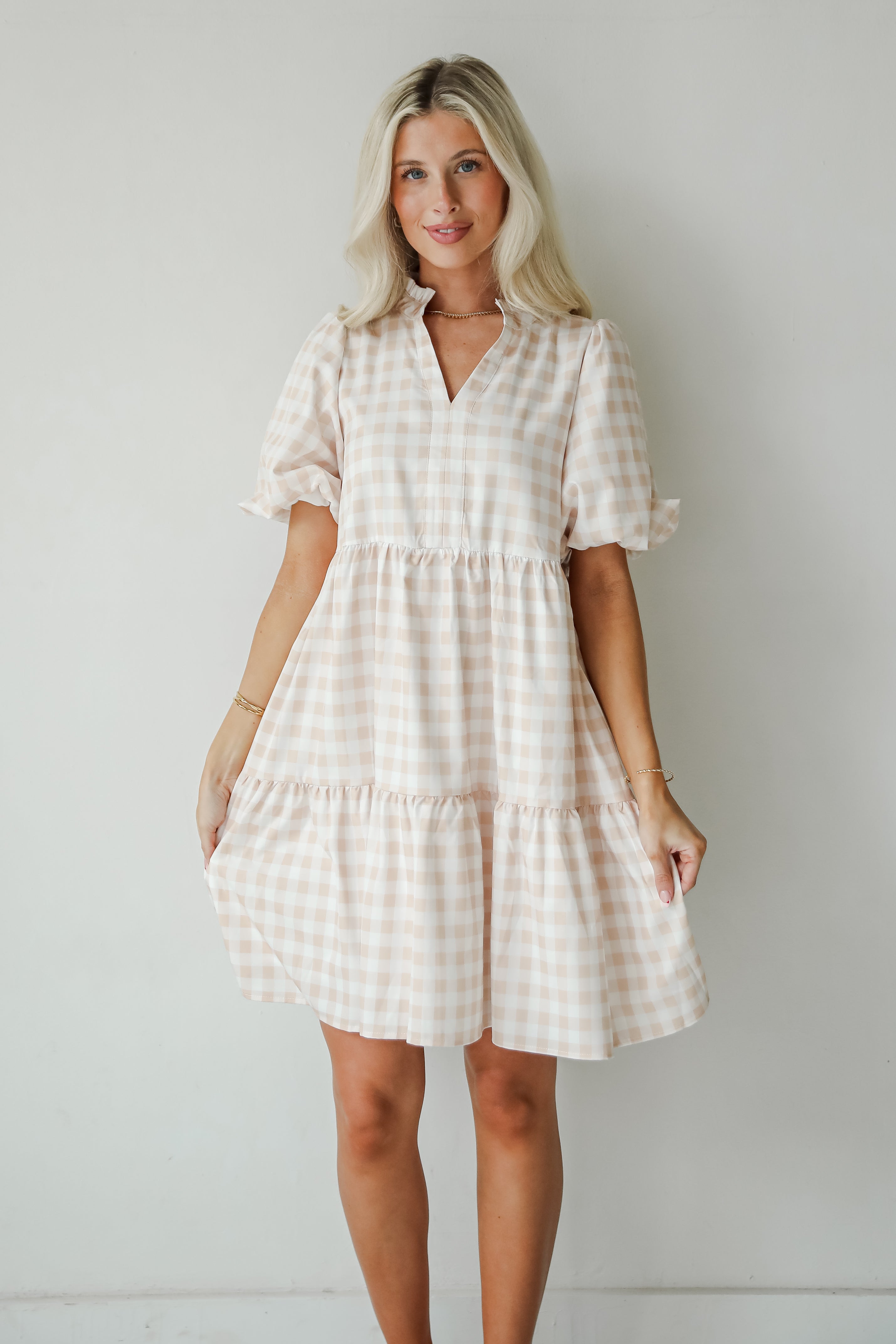 Quite Perfect Taupe Gingham Tiered Mini Dress