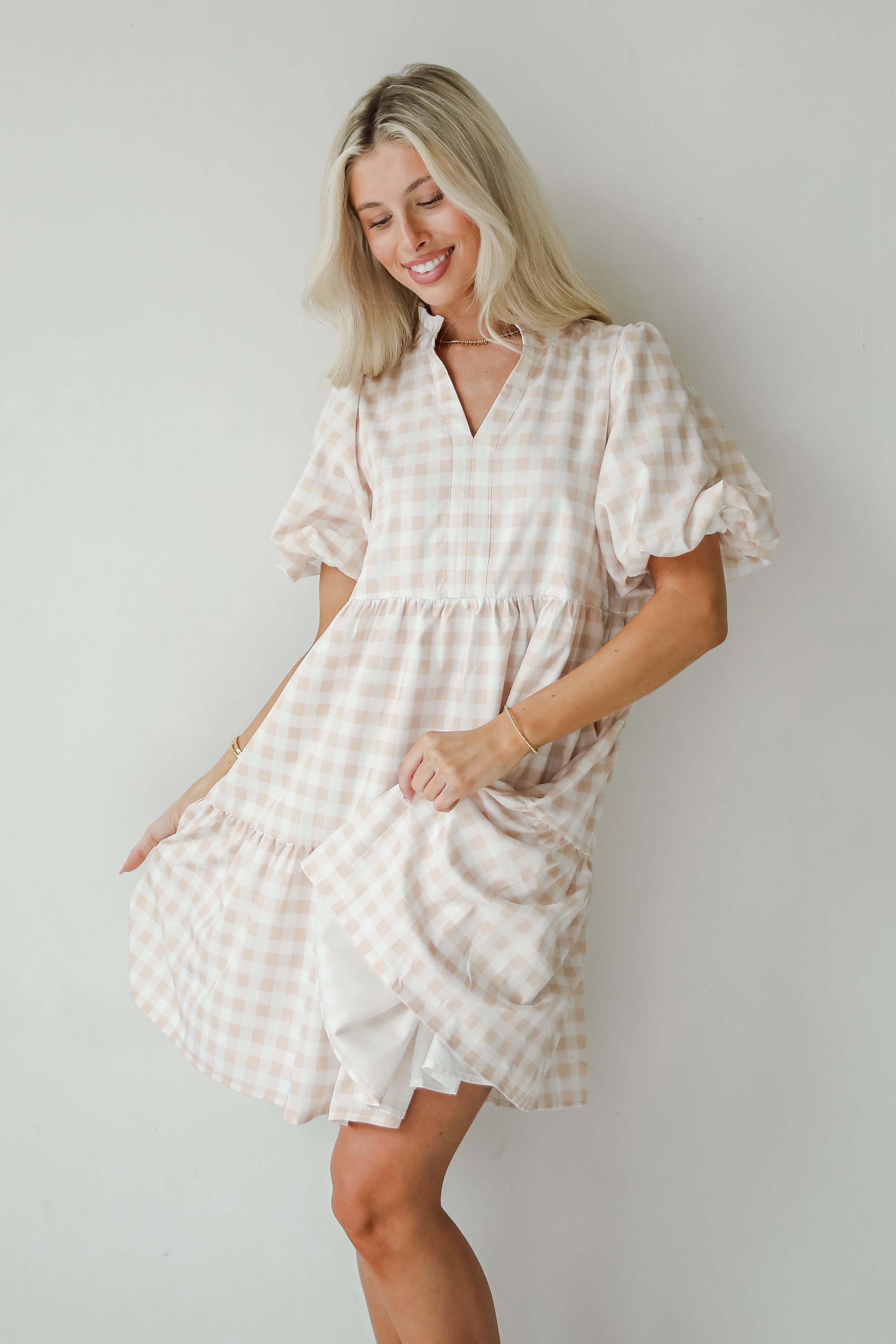 Quite Perfect Taupe Gingham Tiered Mini Dress