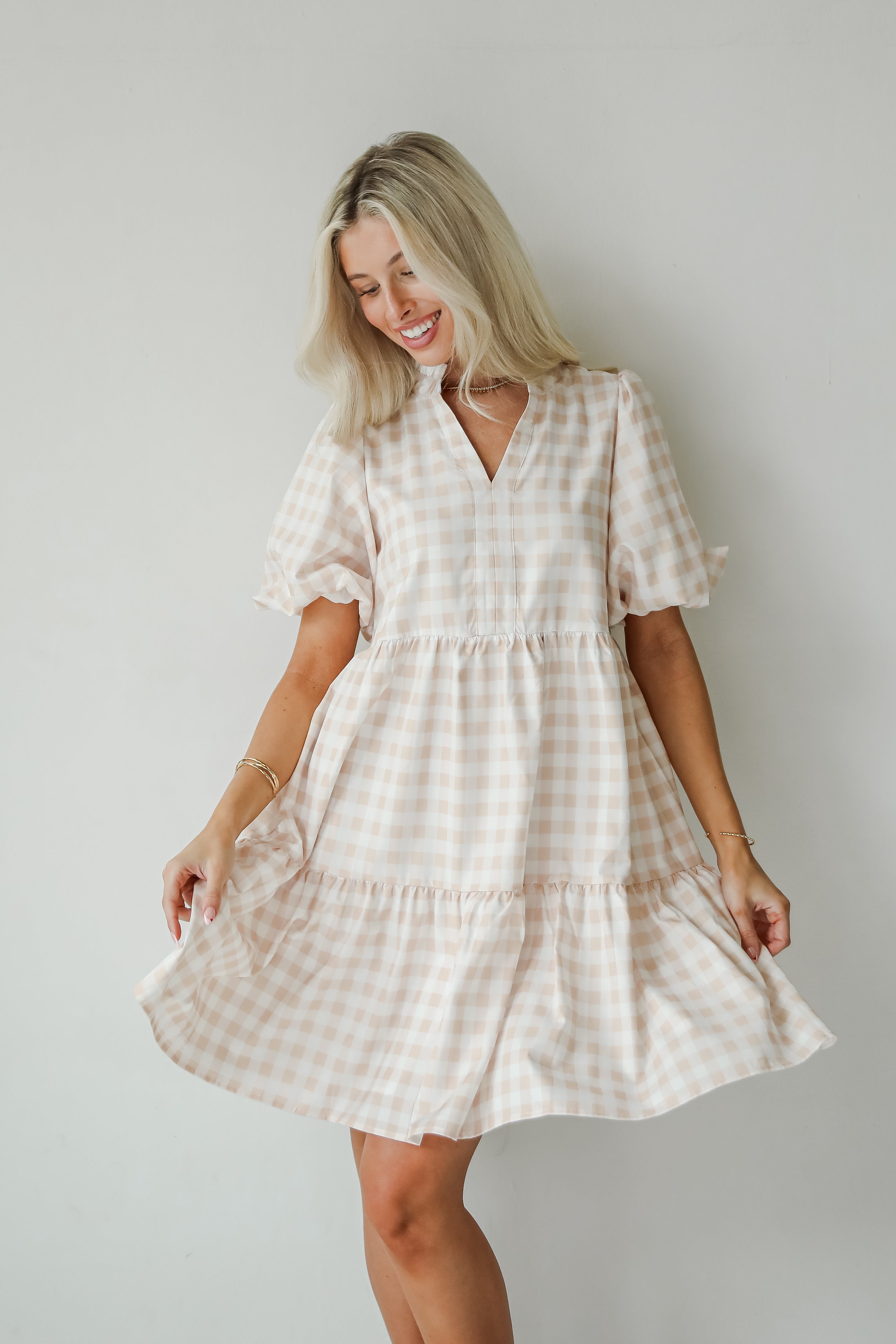 Quite Perfect Taupe Gingham Tiered Mini Dress