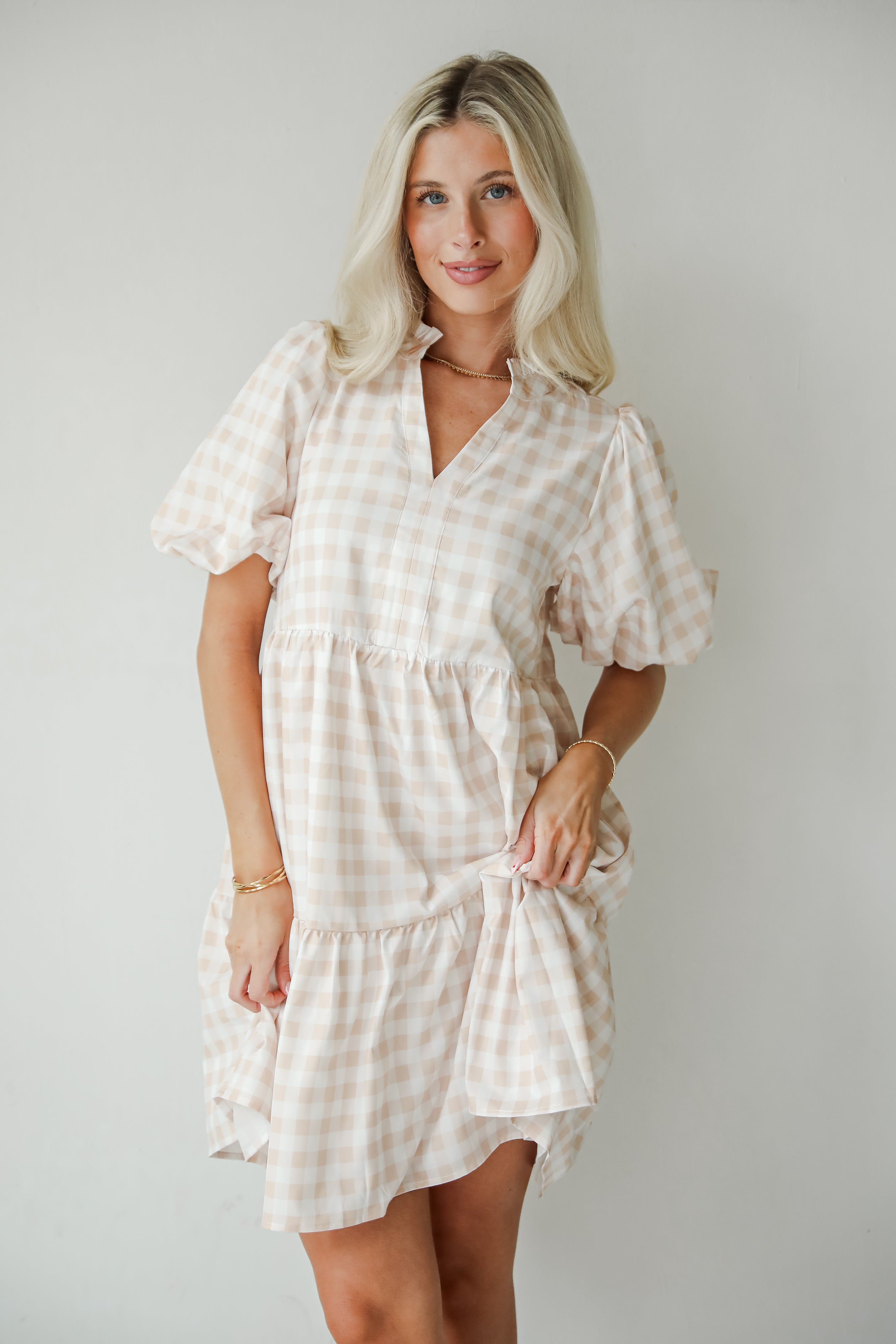 Quite Perfect Taupe Gingham Tiered Mini Dress