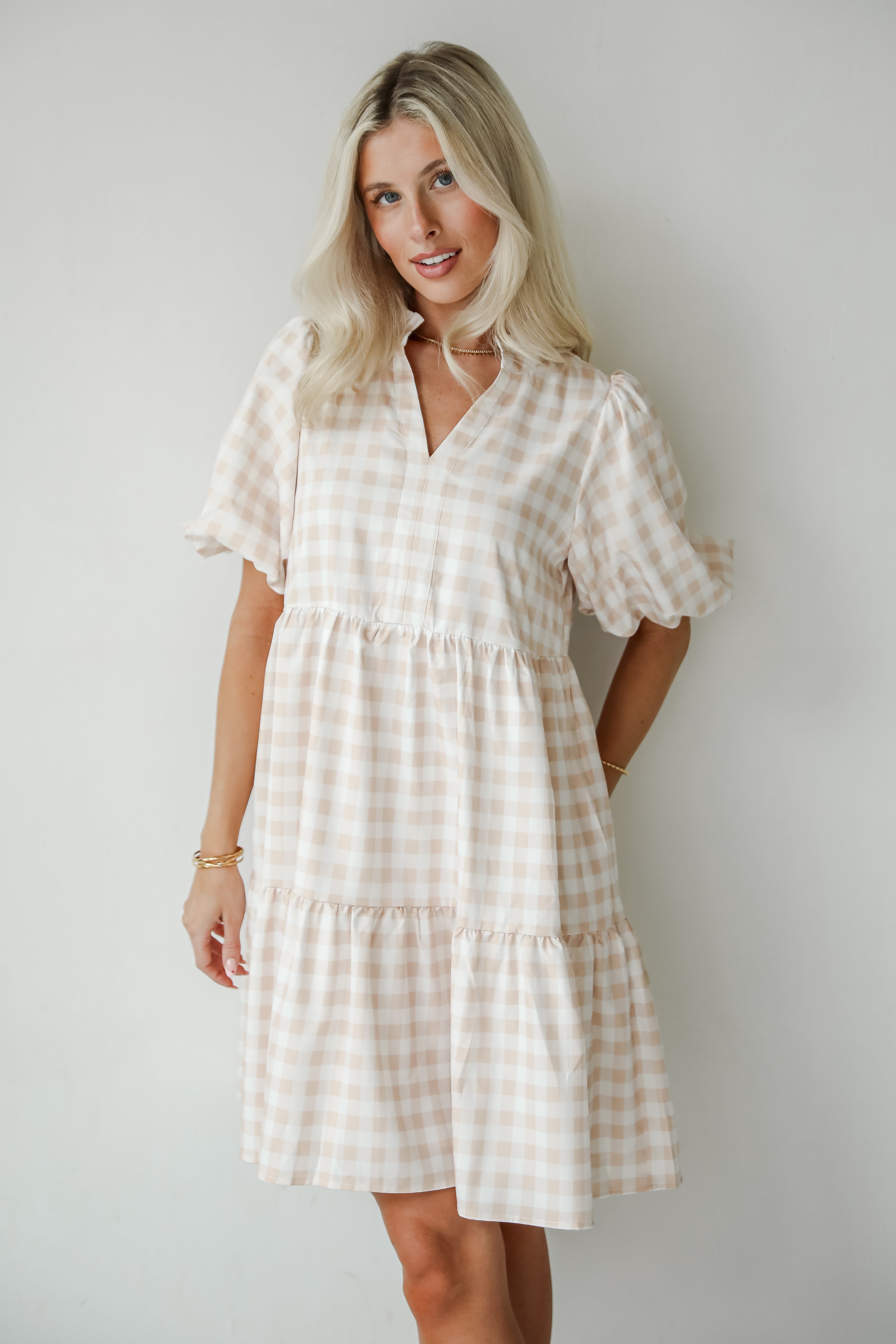 Quite Perfect Taupe Gingham Tiered Mini Dress