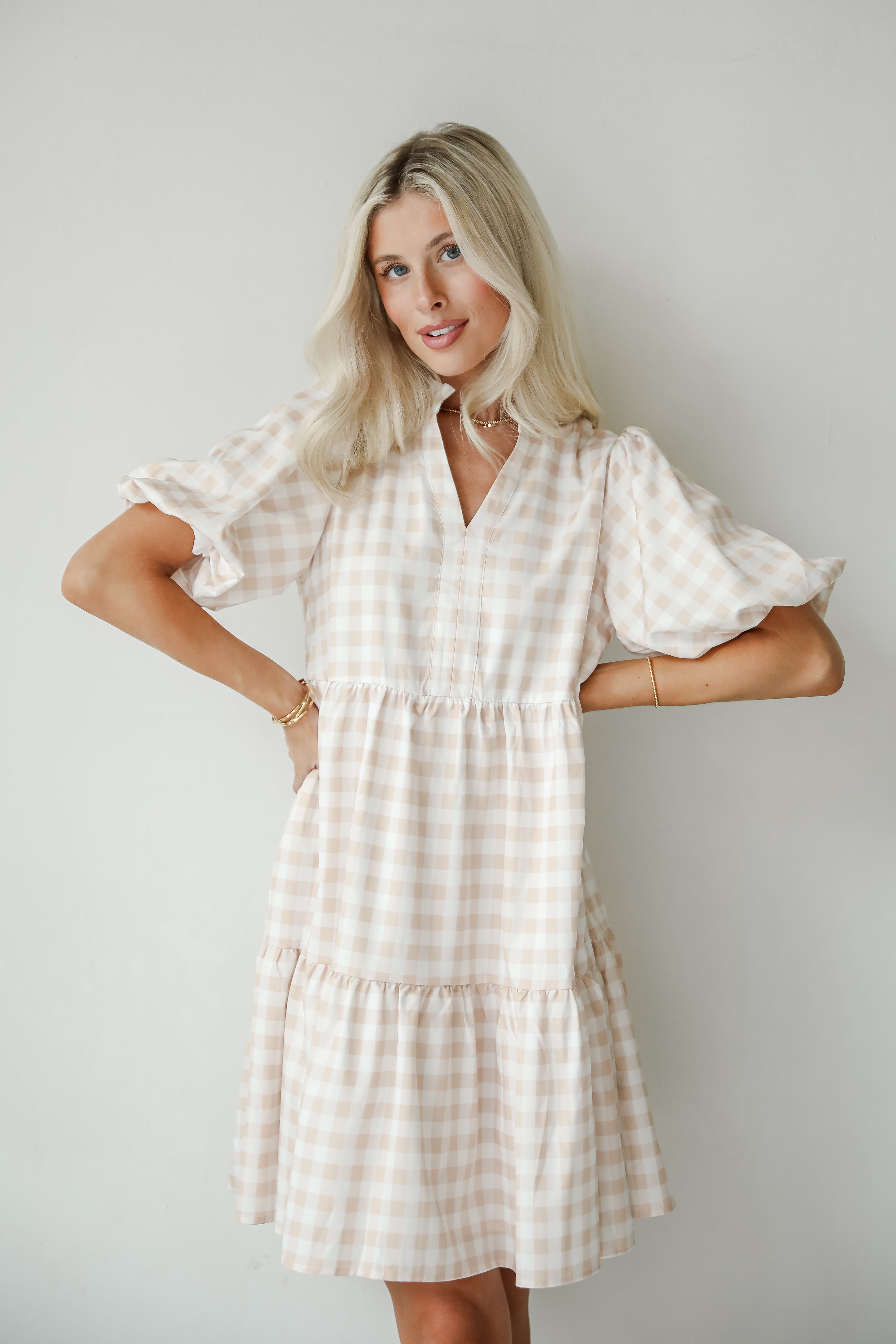 Quite Perfect Taupe Gingham Tiered Mini Dress