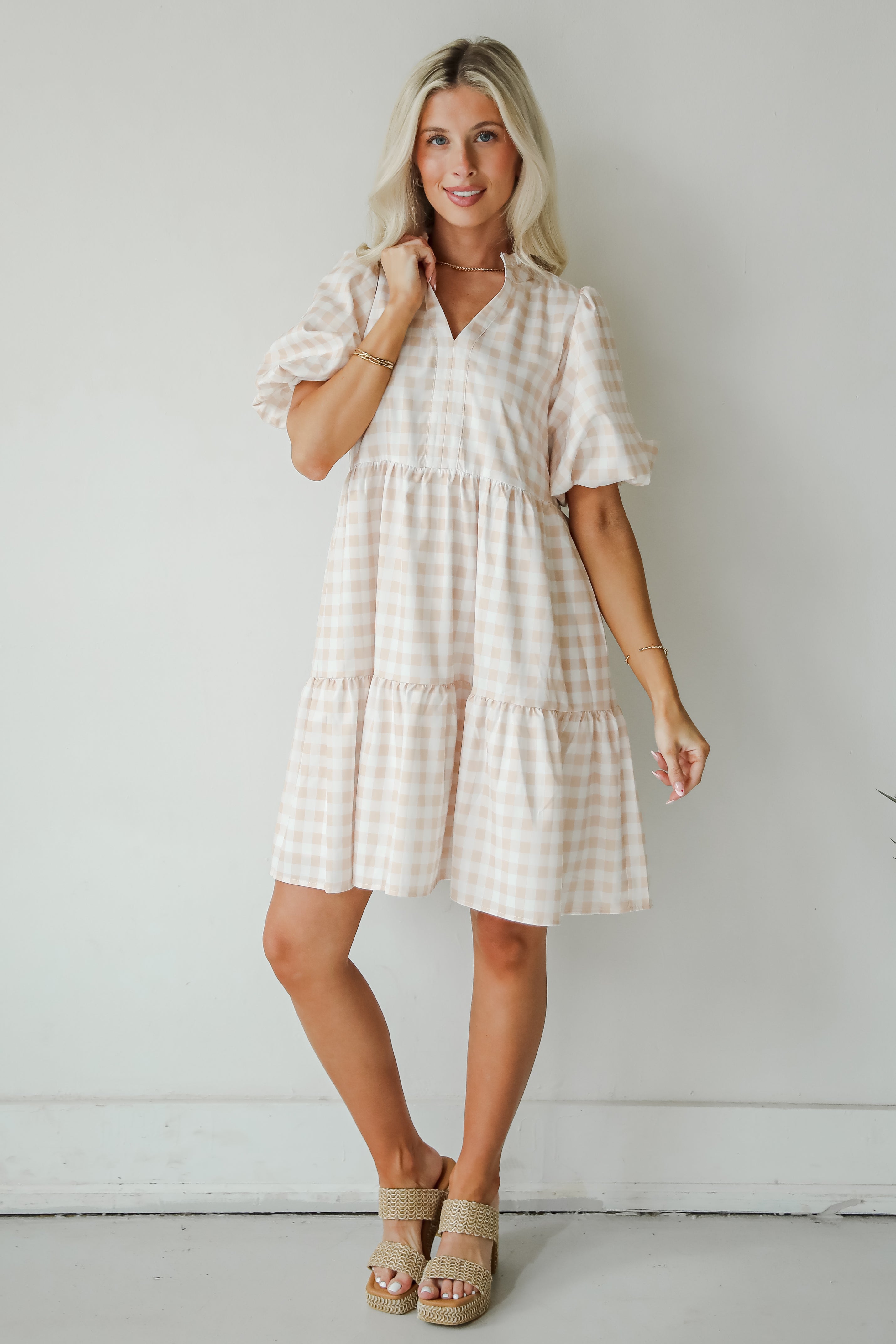 Quite Perfect Taupe Gingham Tiered Mini Dress
