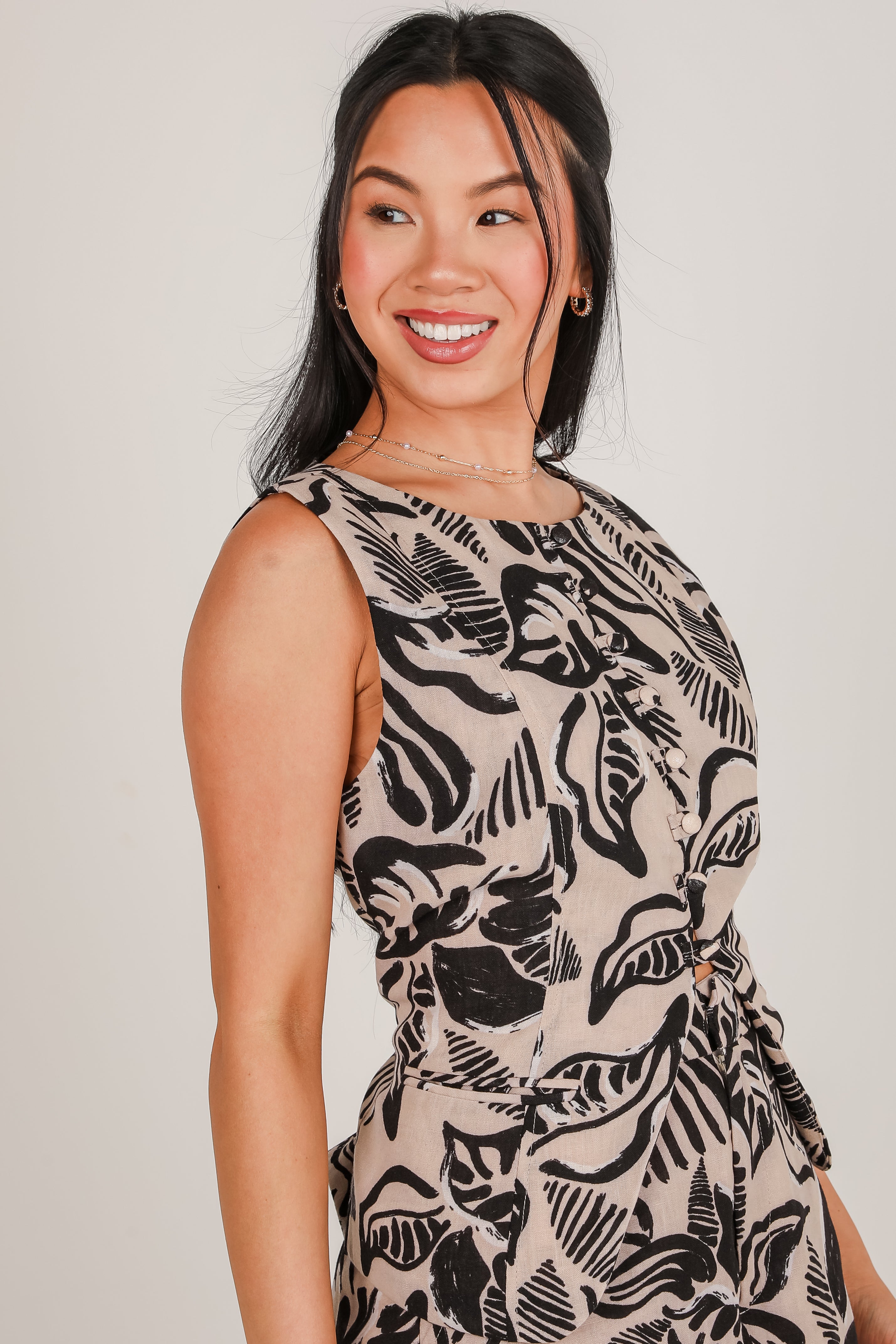 Palm Oasis Taupe Leaf Print Tank