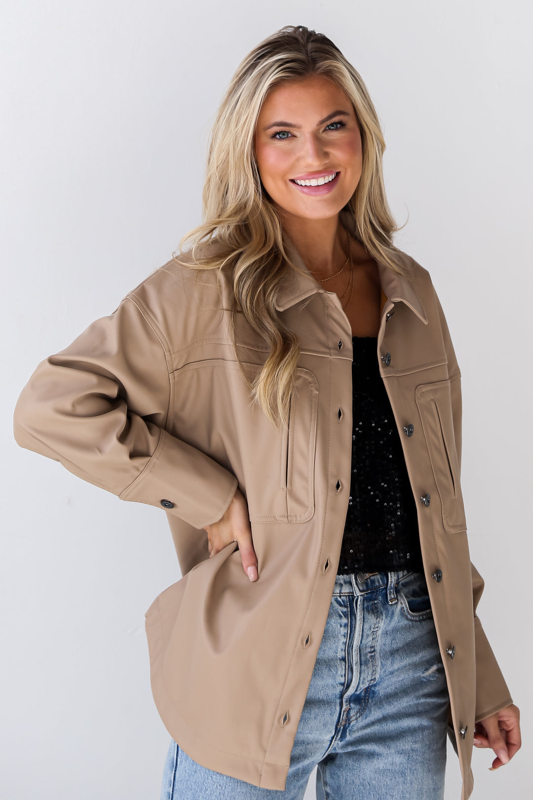 Taupe Leather Shacket for women