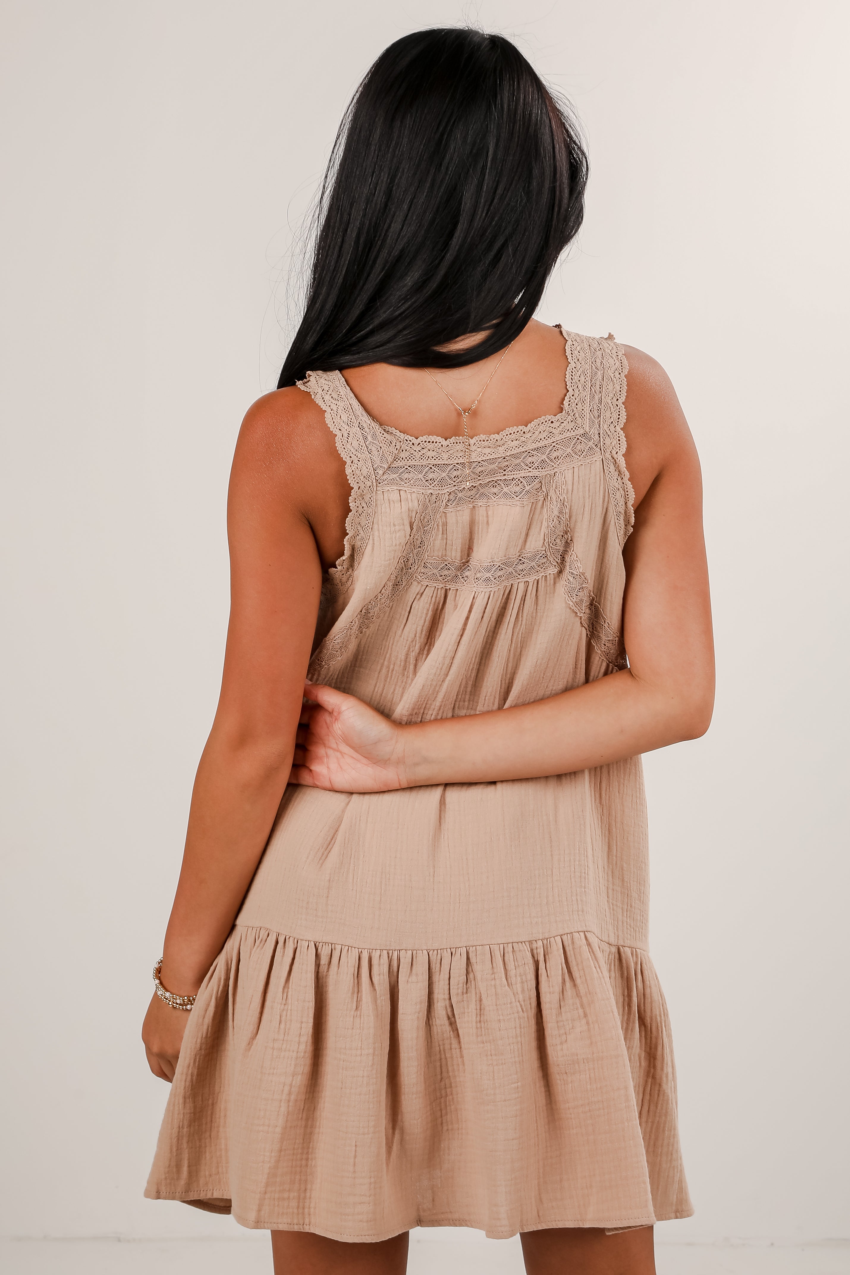 Future Endeavors Taupe Linen Lace Mini Dress