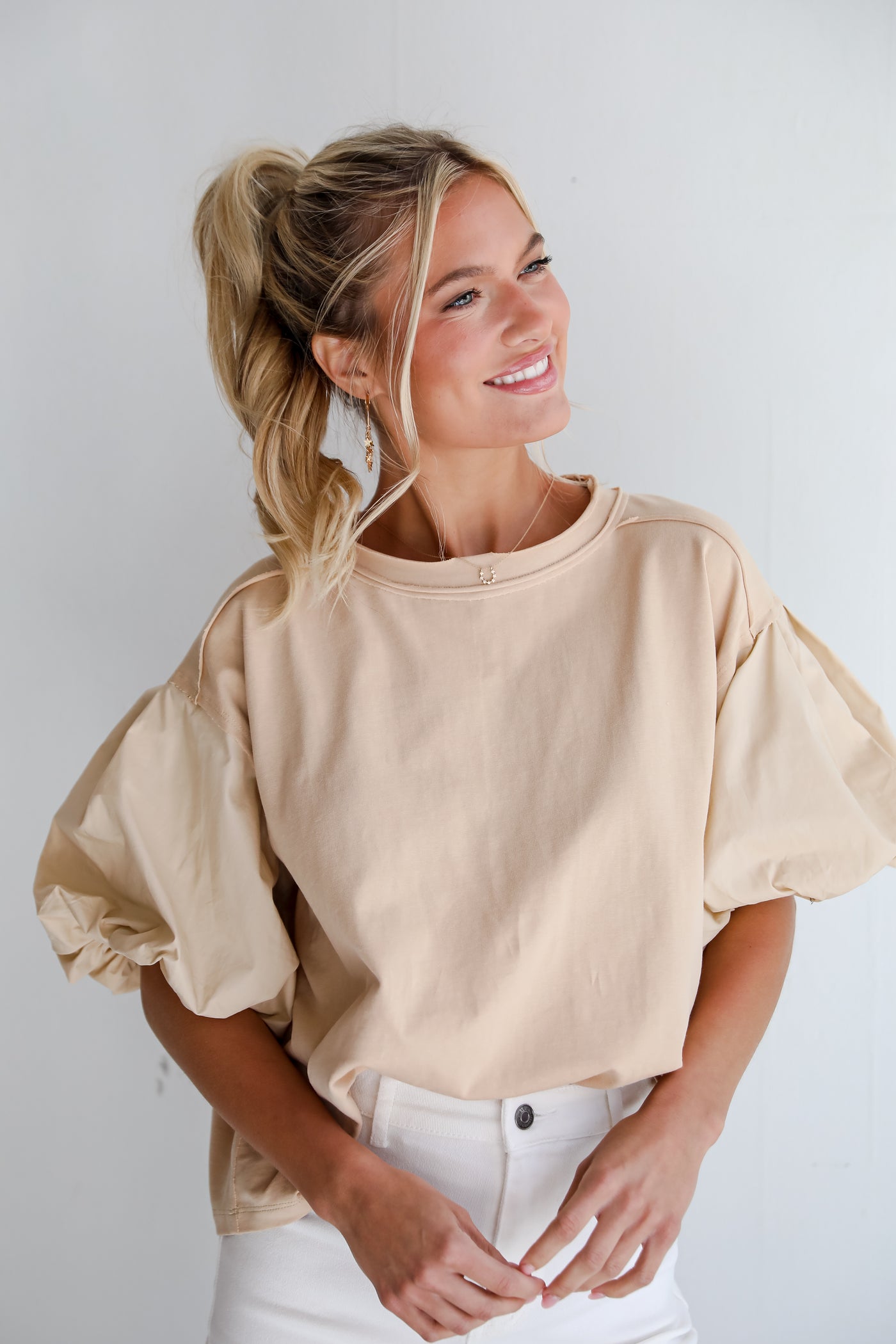 womens Taupe Contrast Puff Sleeve Top
