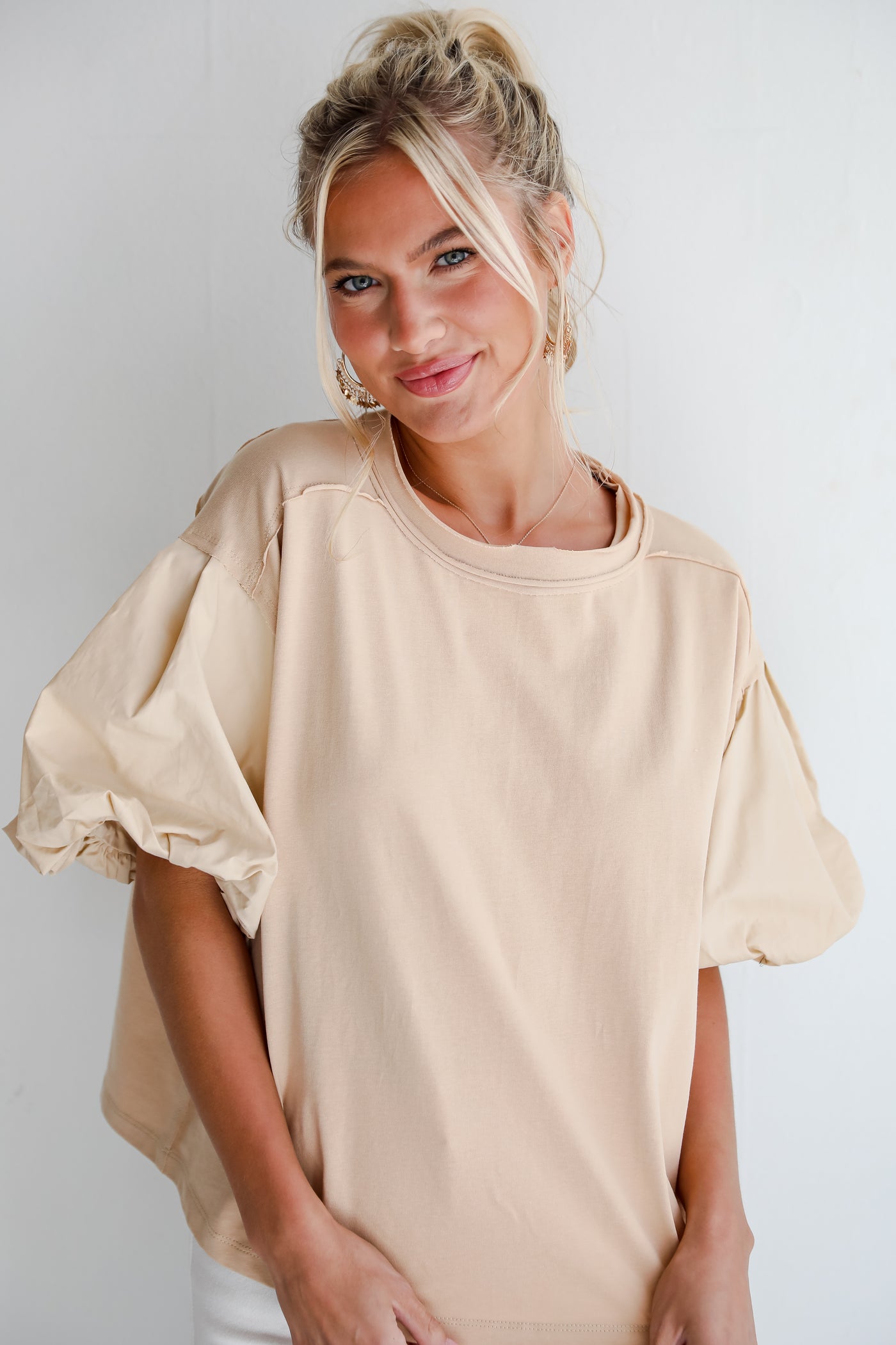 oversized Taupe Contrast Puff Sleeve Top