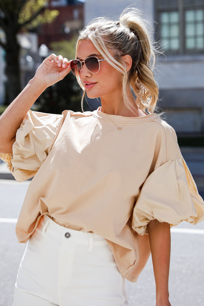 Taupe Contrast Puff Sleeve Top