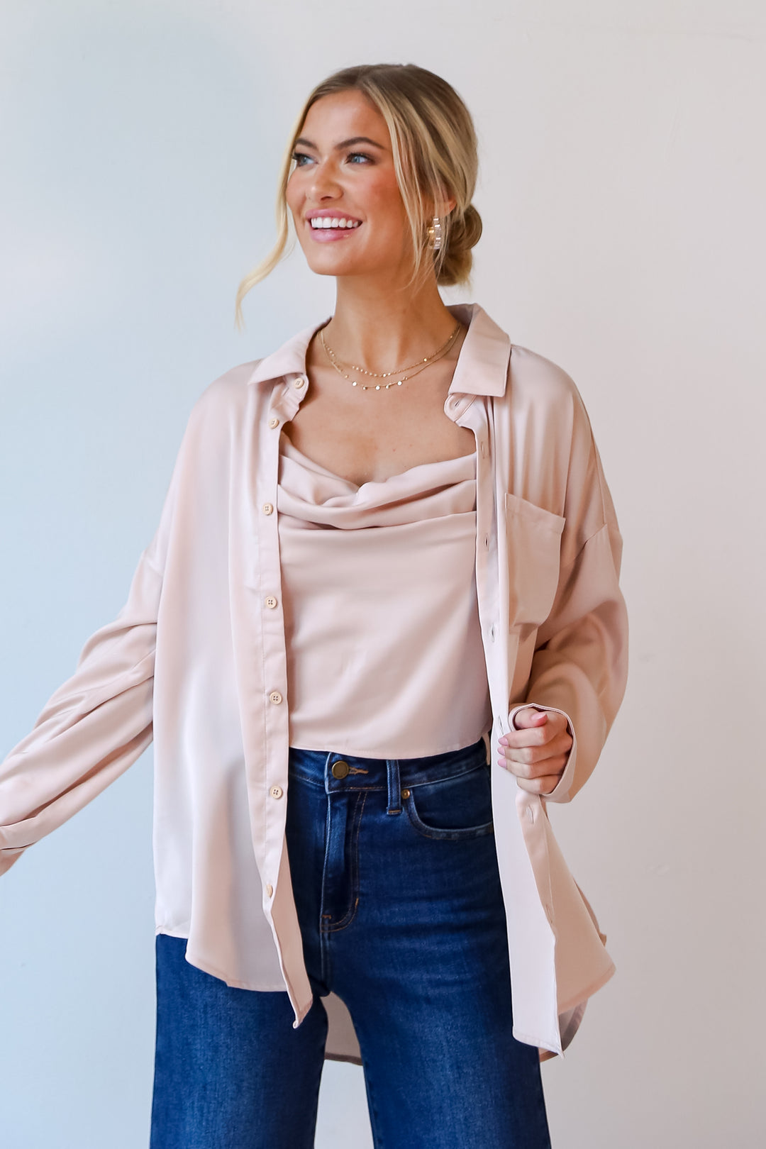 Champagne Satin Button-Up Blouse