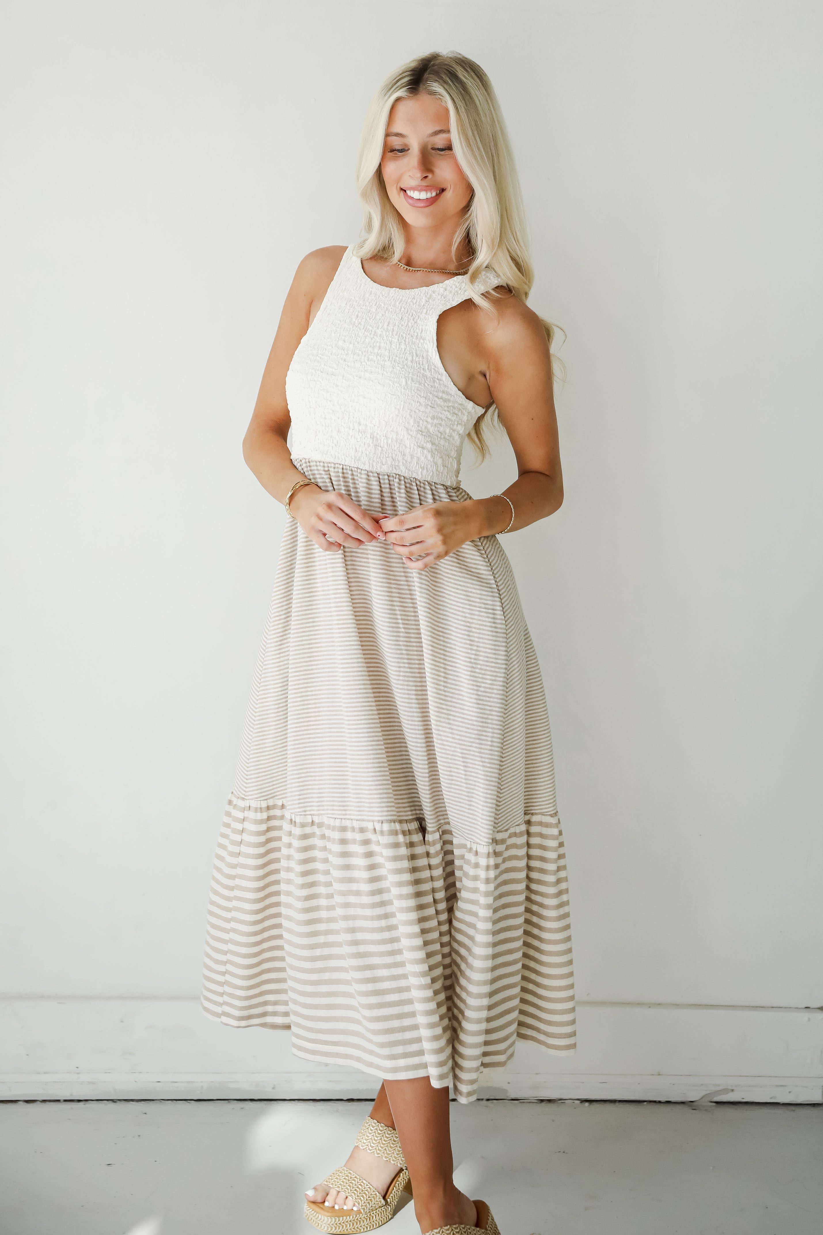 Dreamy Adoration Taupe Striped Contrast Midi Dress