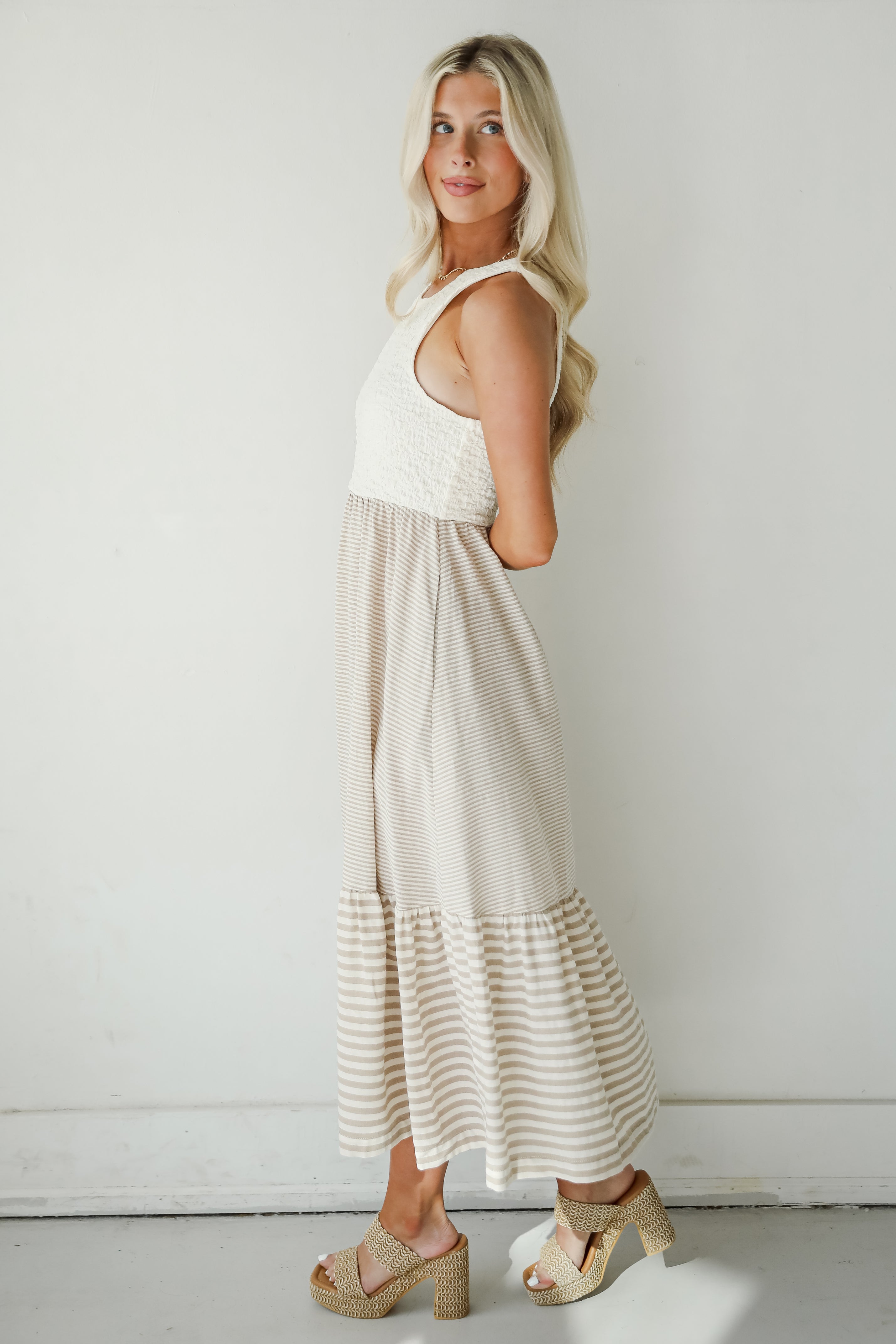 Dreamy Adoration Taupe Striped Contrast Midi Dress