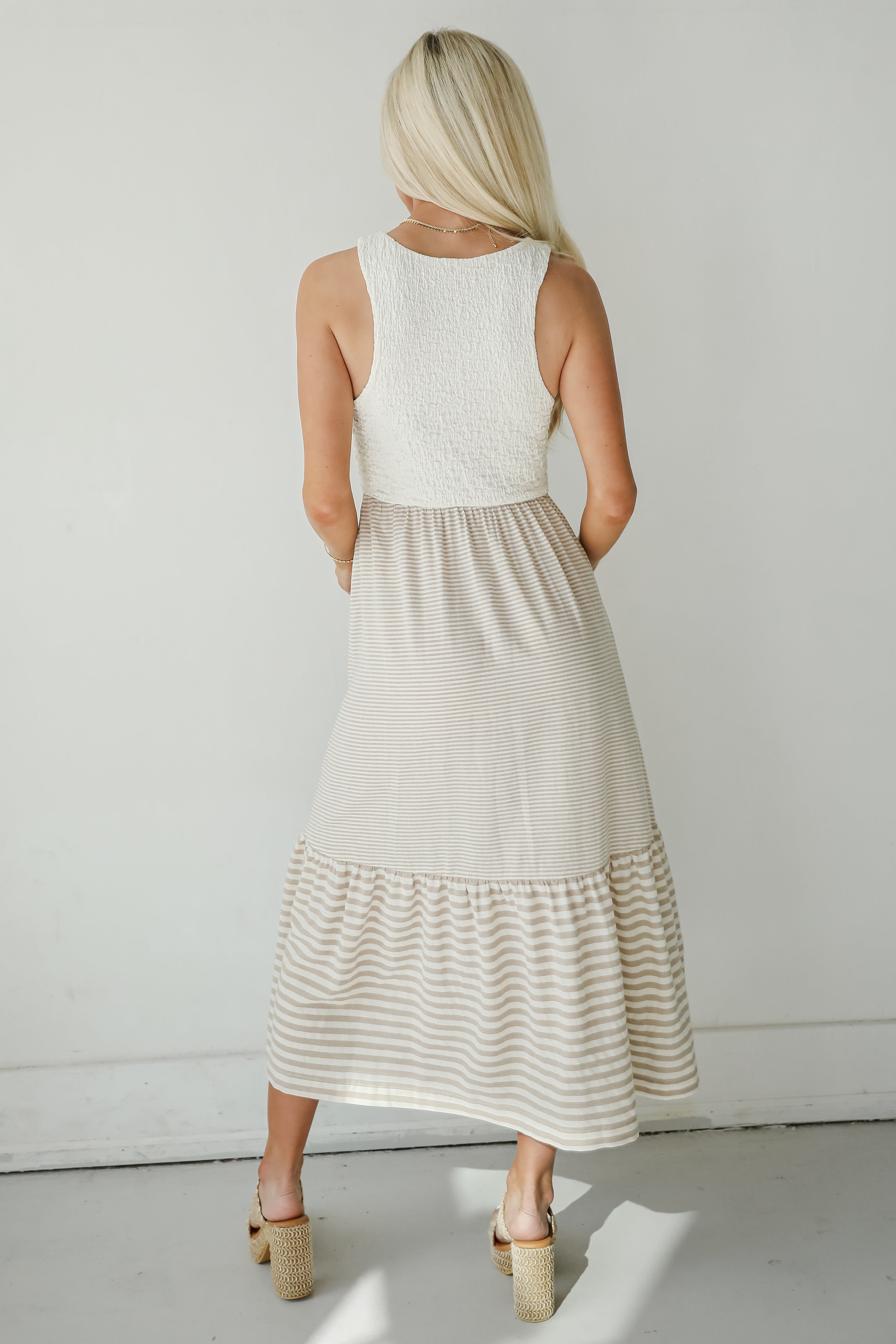 Dreamy Adoration Taupe Striped Contrast Midi Dress
