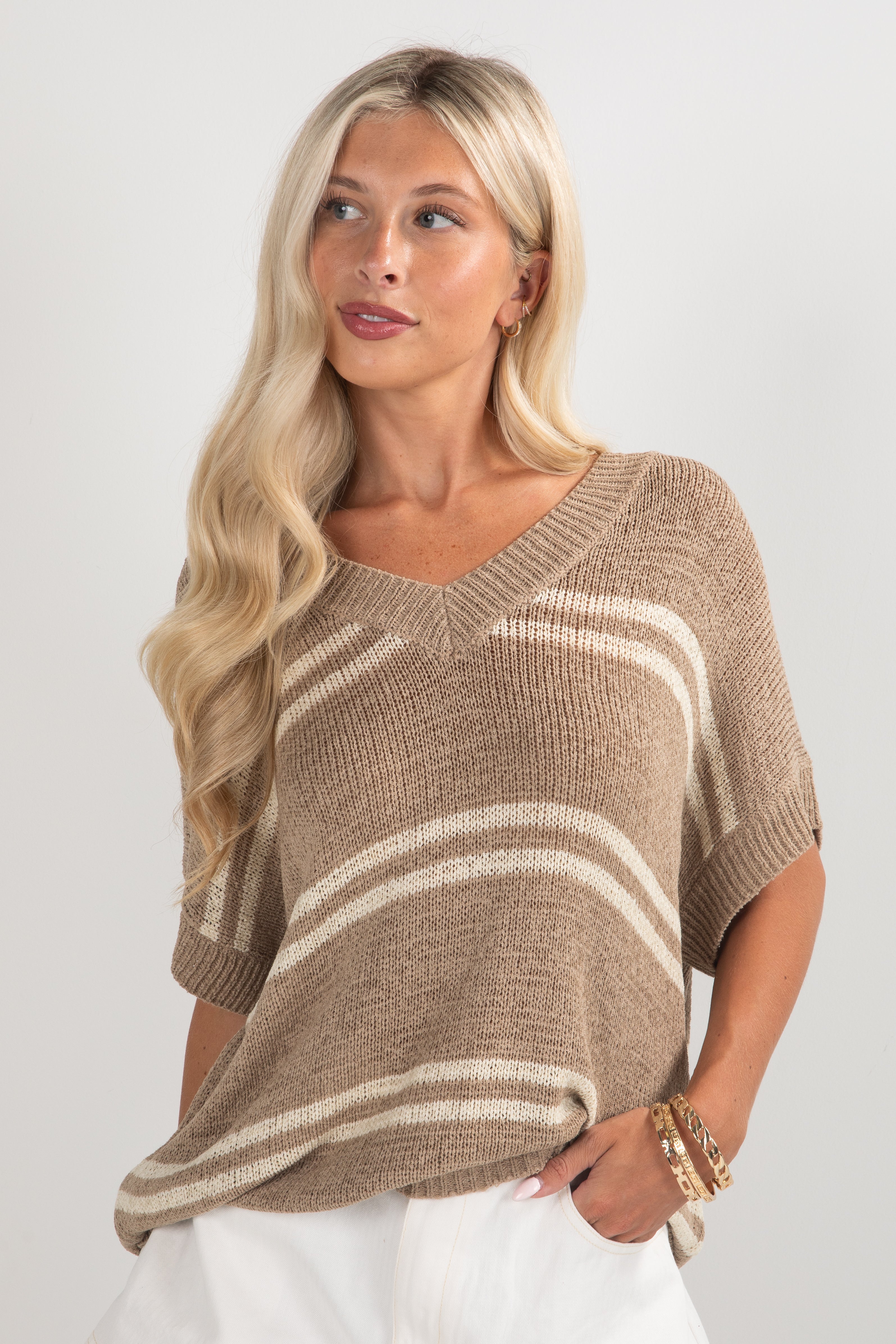 FINAL SALE - Anything Can Happen Taupe Striped Sweater Top