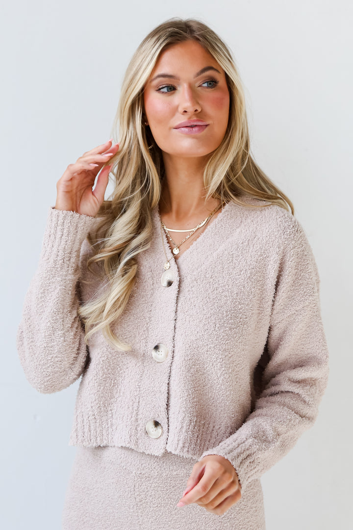 Taupe Fuzzy Knit Sweater Cardigan for women