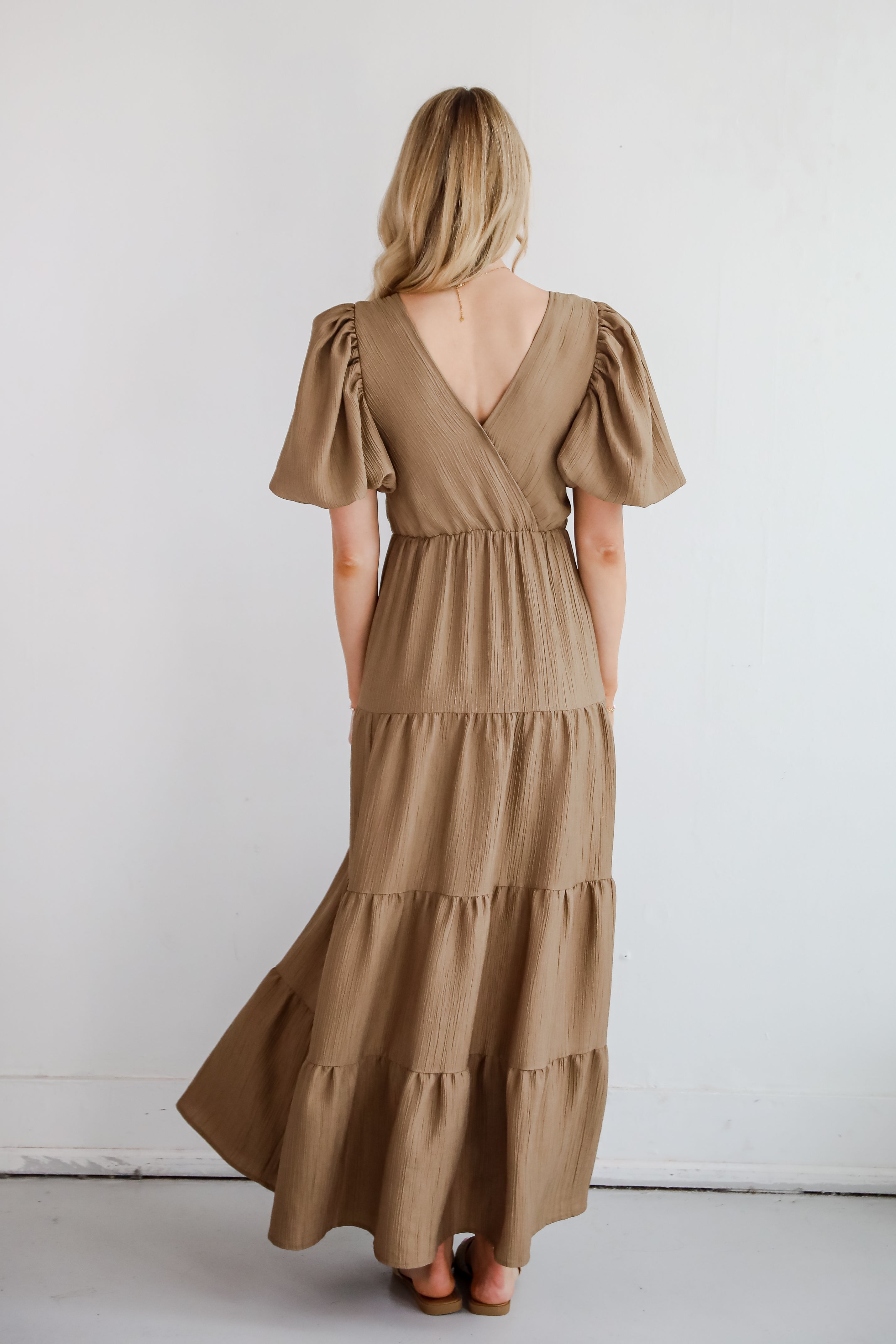 Aesthetic Ease Taupe Tiered Maxi Dress