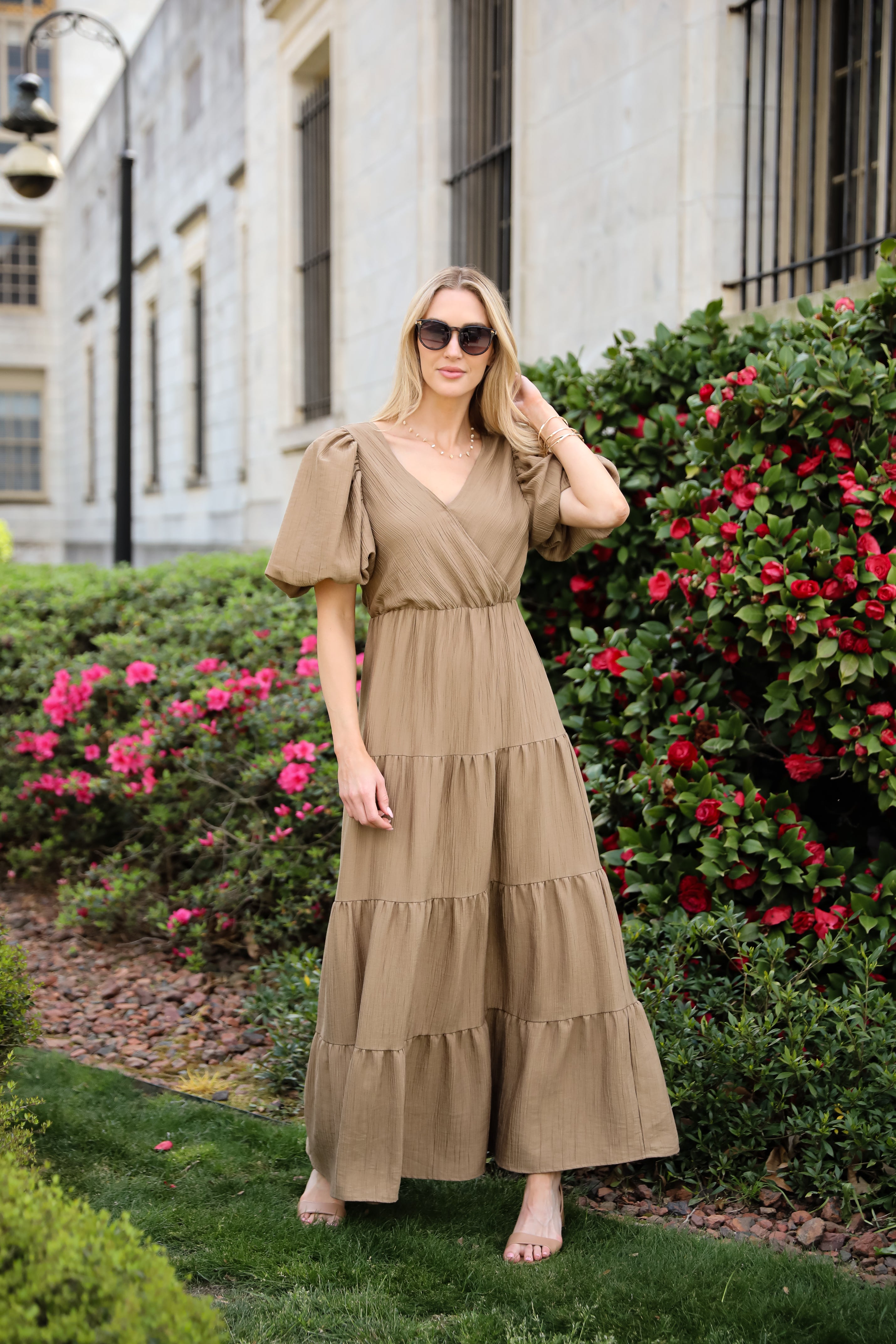 Aesthetic Ease Taupe Tiered Maxi Dress