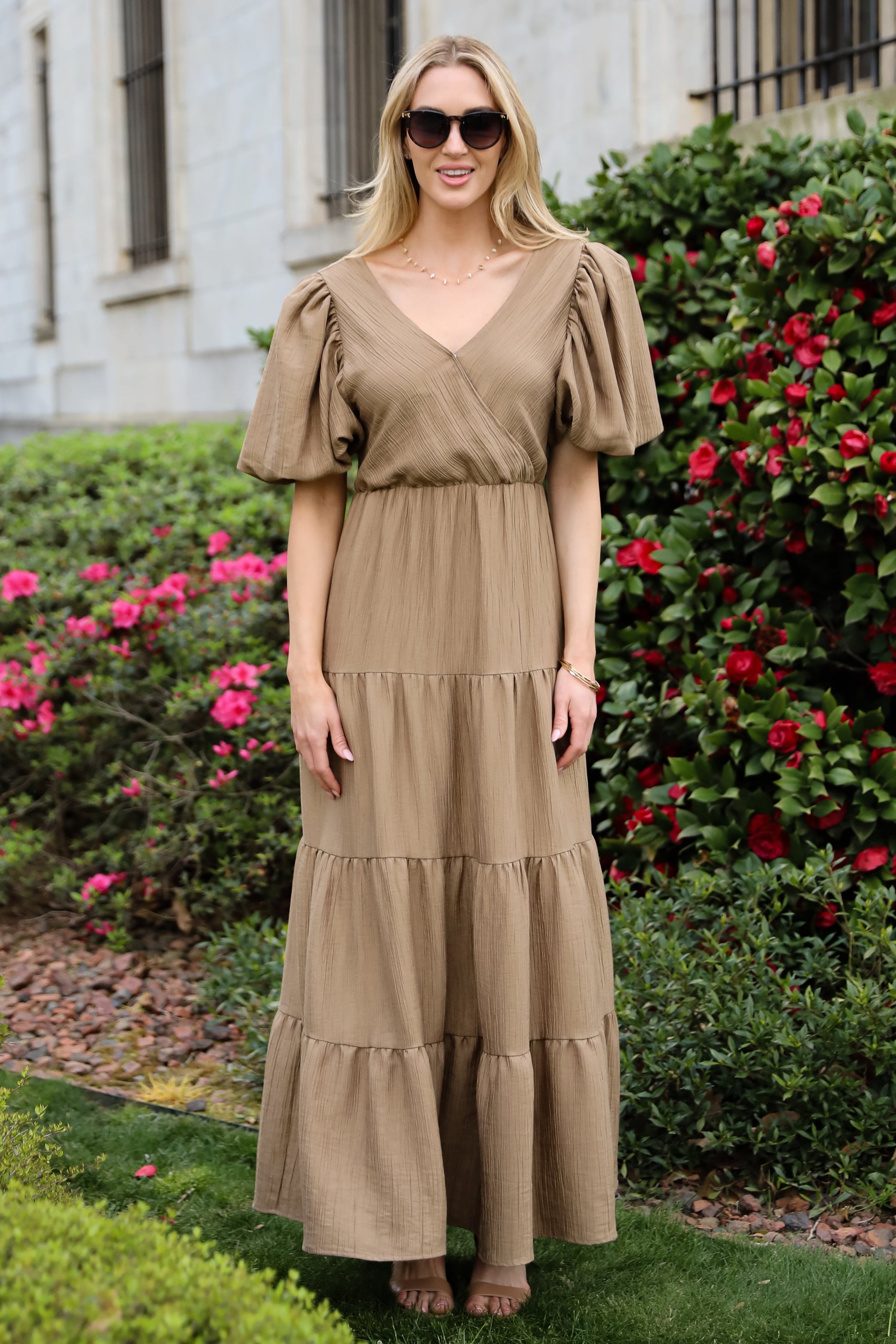 Aesthetic Ease Taupe Tiered Maxi Dress