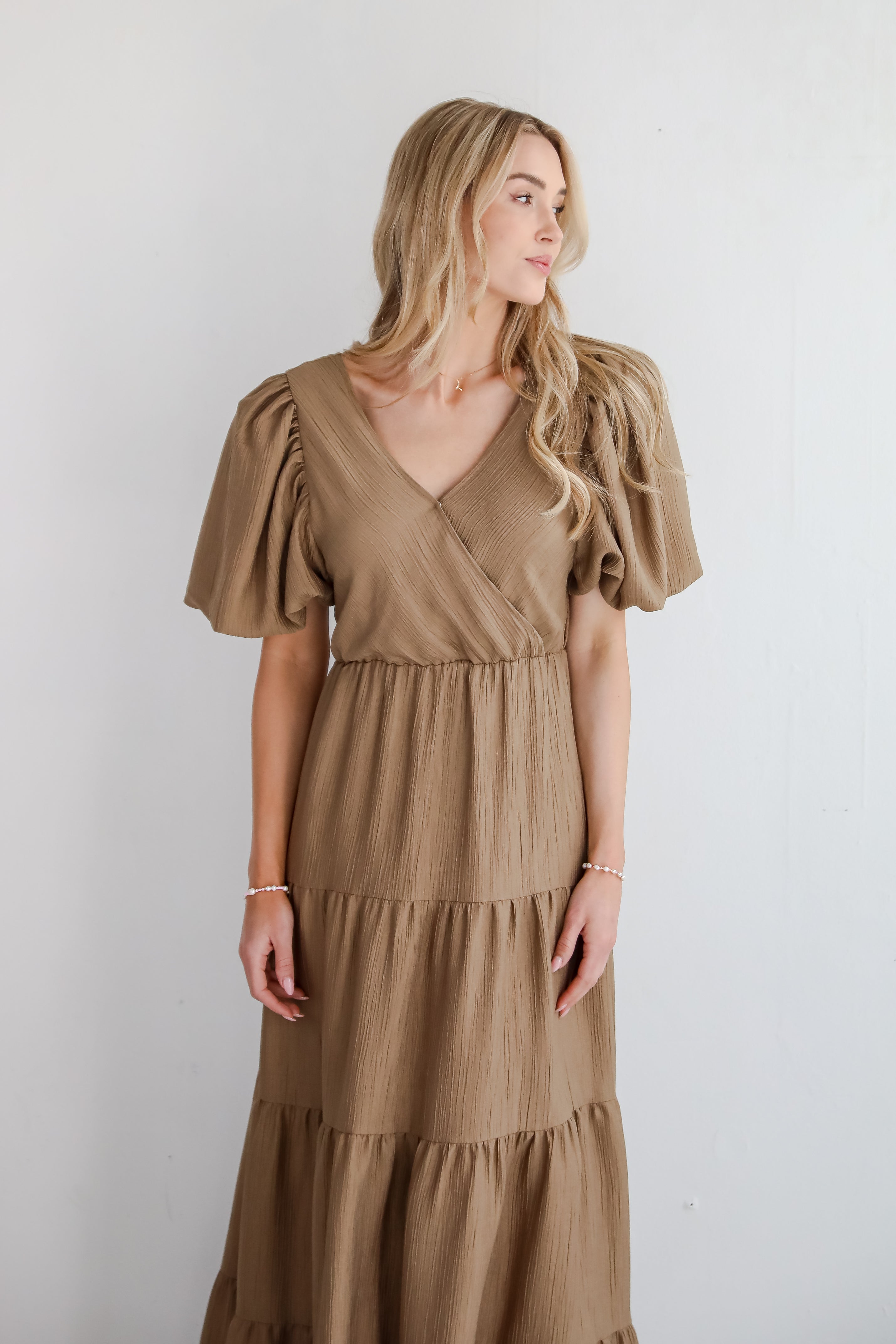 Aesthetic Ease Taupe Tiered Maxi Dress