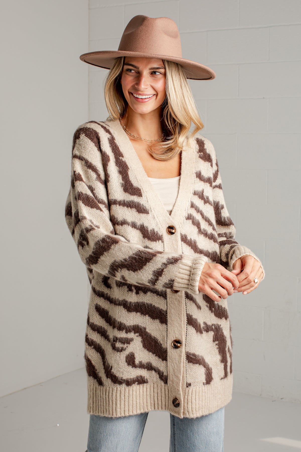 Untamed Taupe Zebra Print Oversized Knit Cardigan
