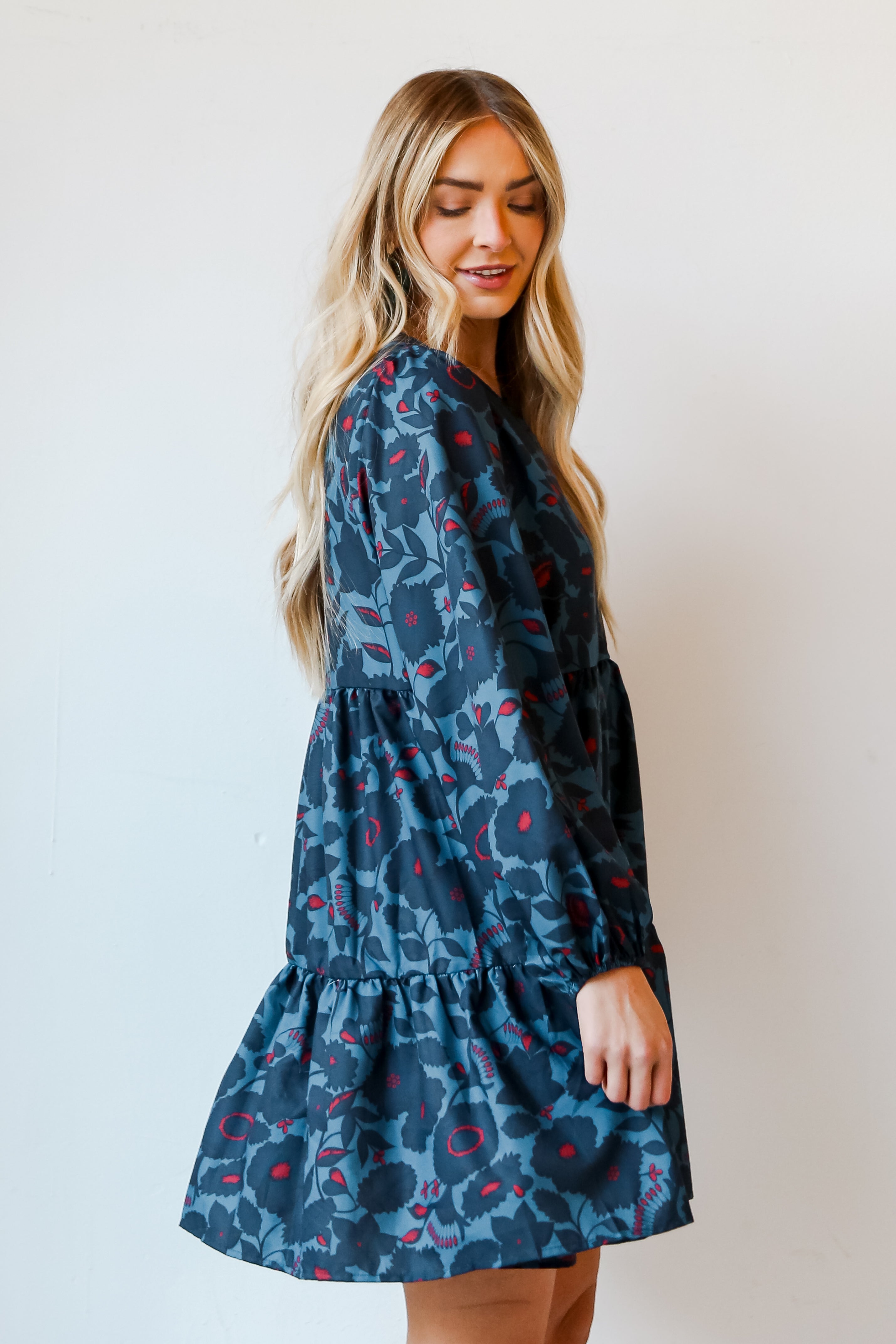 Teal Floral Mini Dress side view