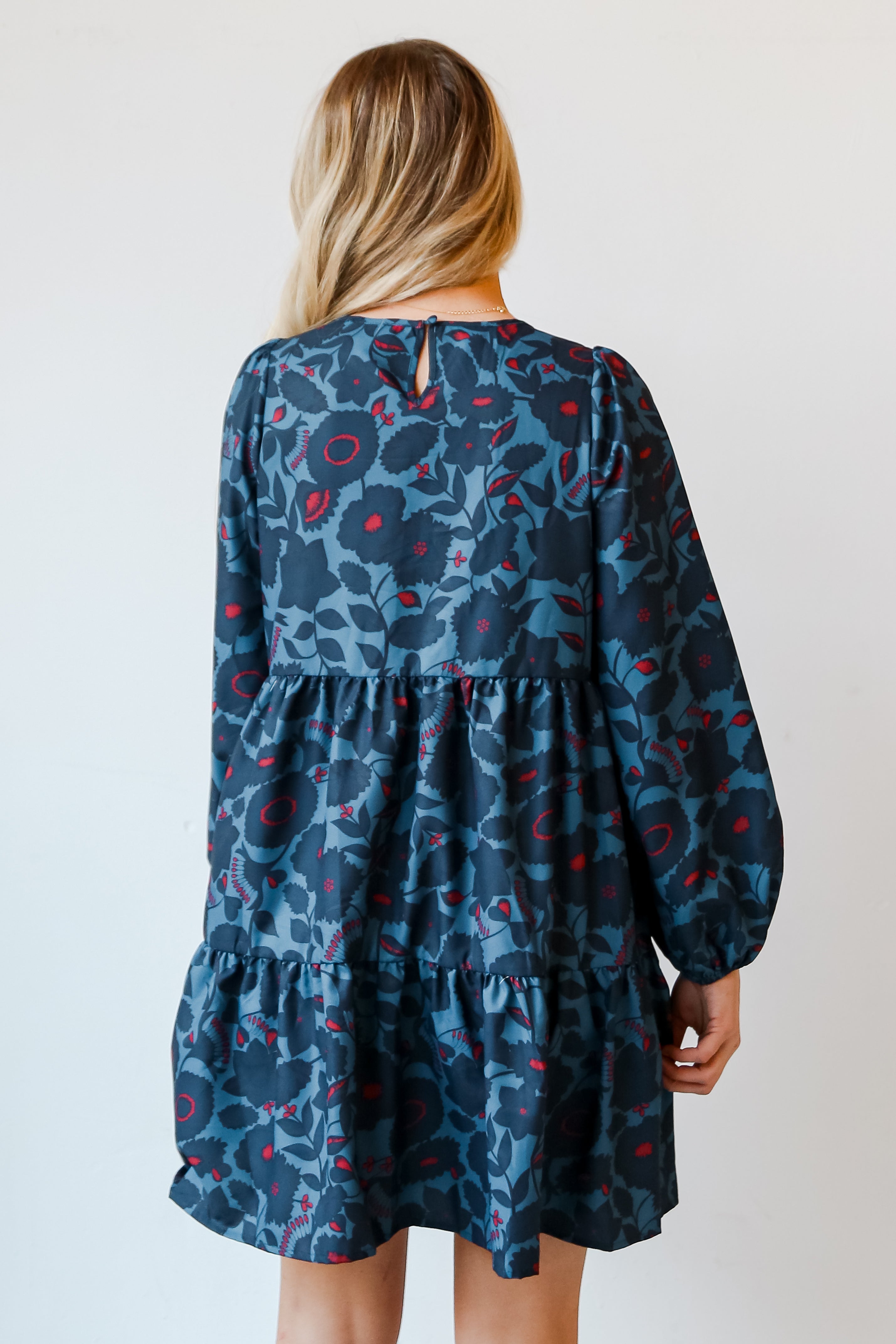 Teal Floral Mini Dress back view