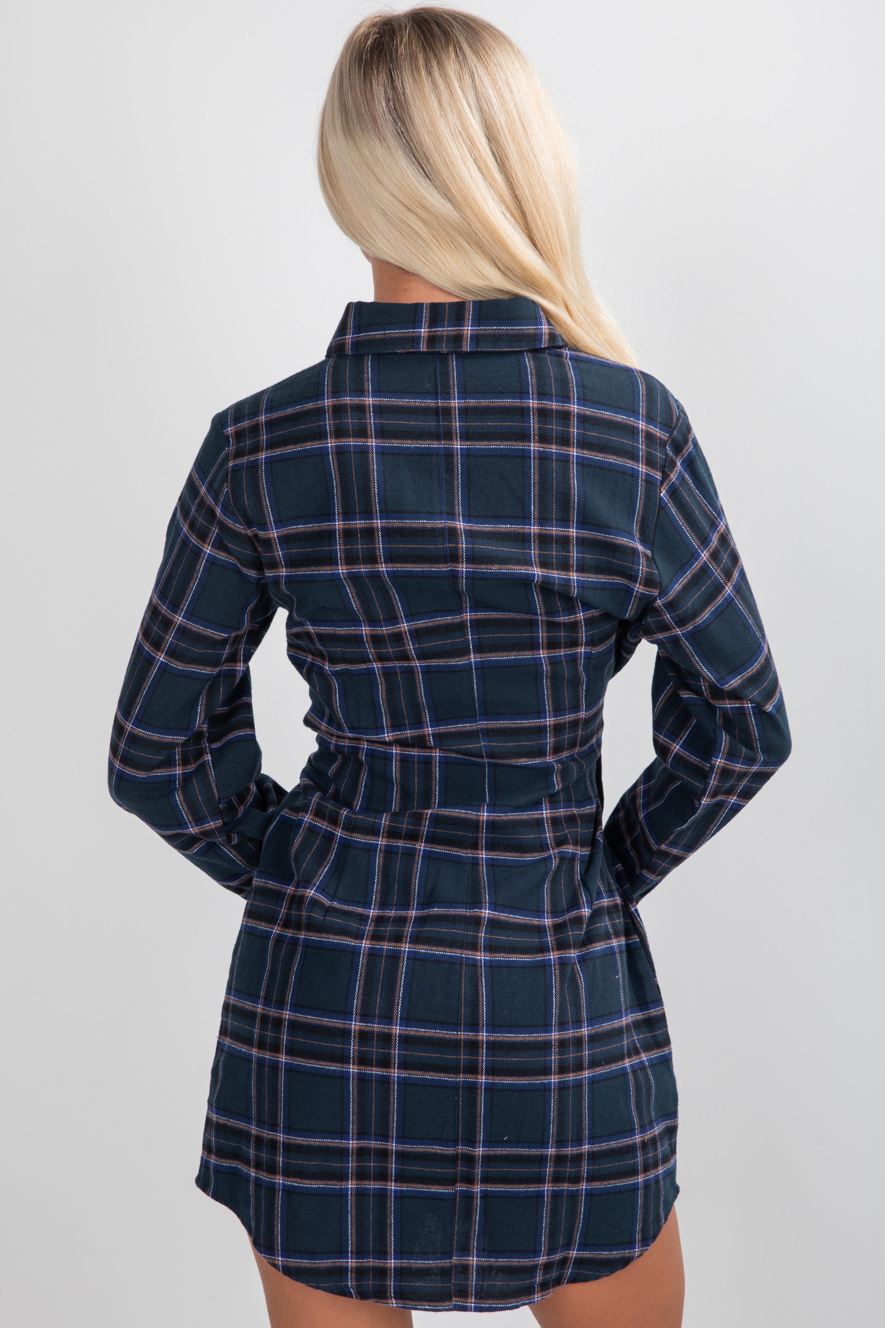 Person wearing a blue plaid dress against a white background