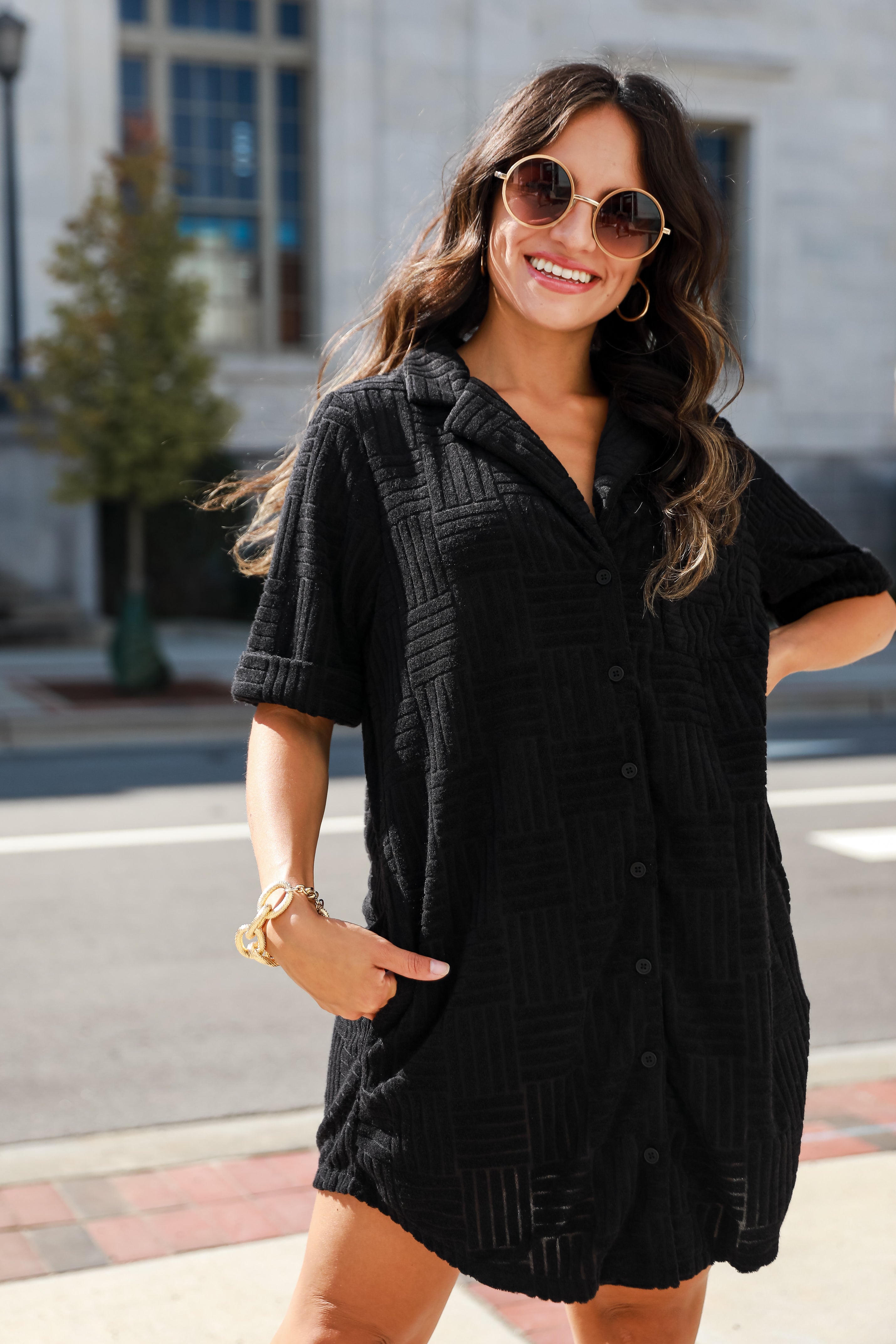 black Terry Cloth Mini Dress on model