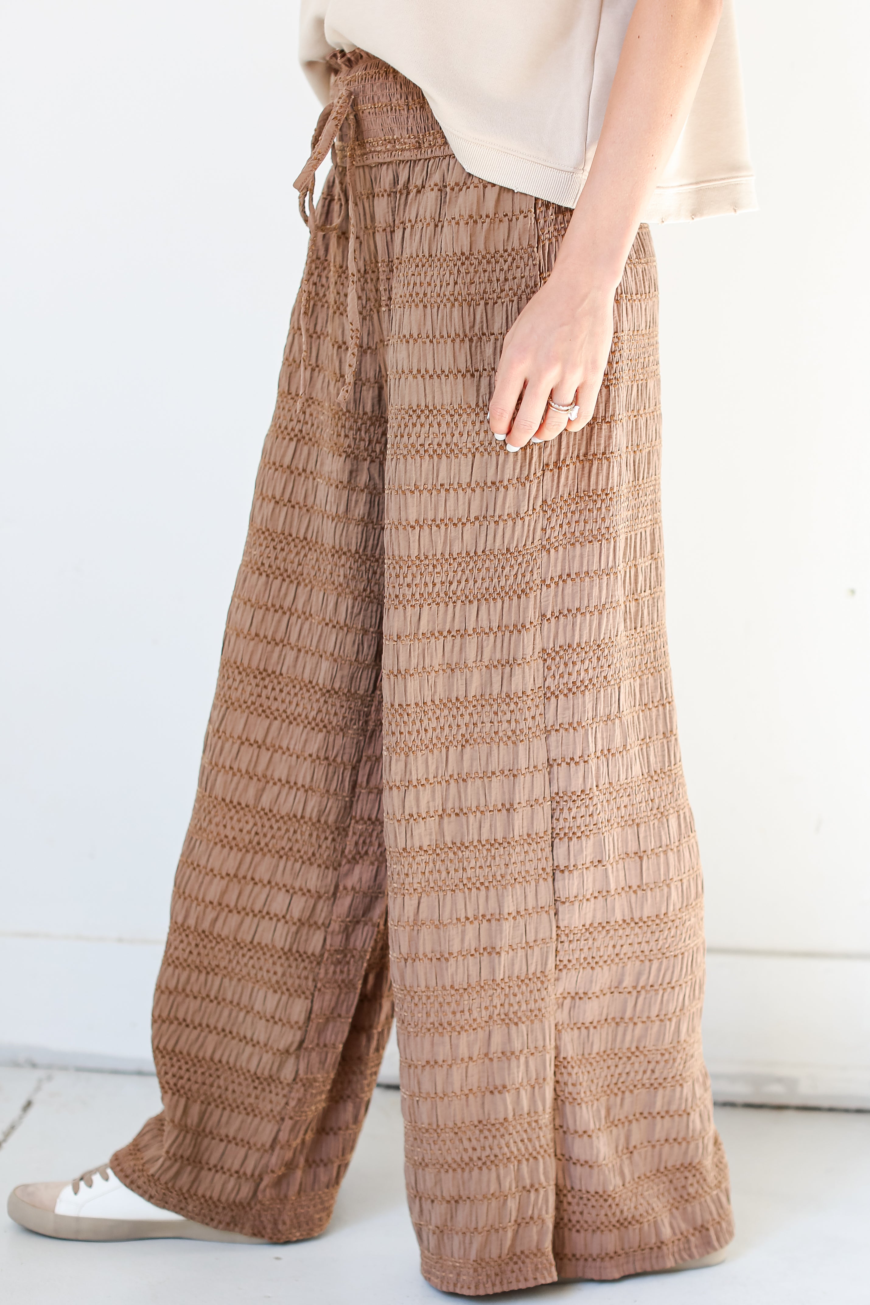 brown Textured Wide Leg Pants side view