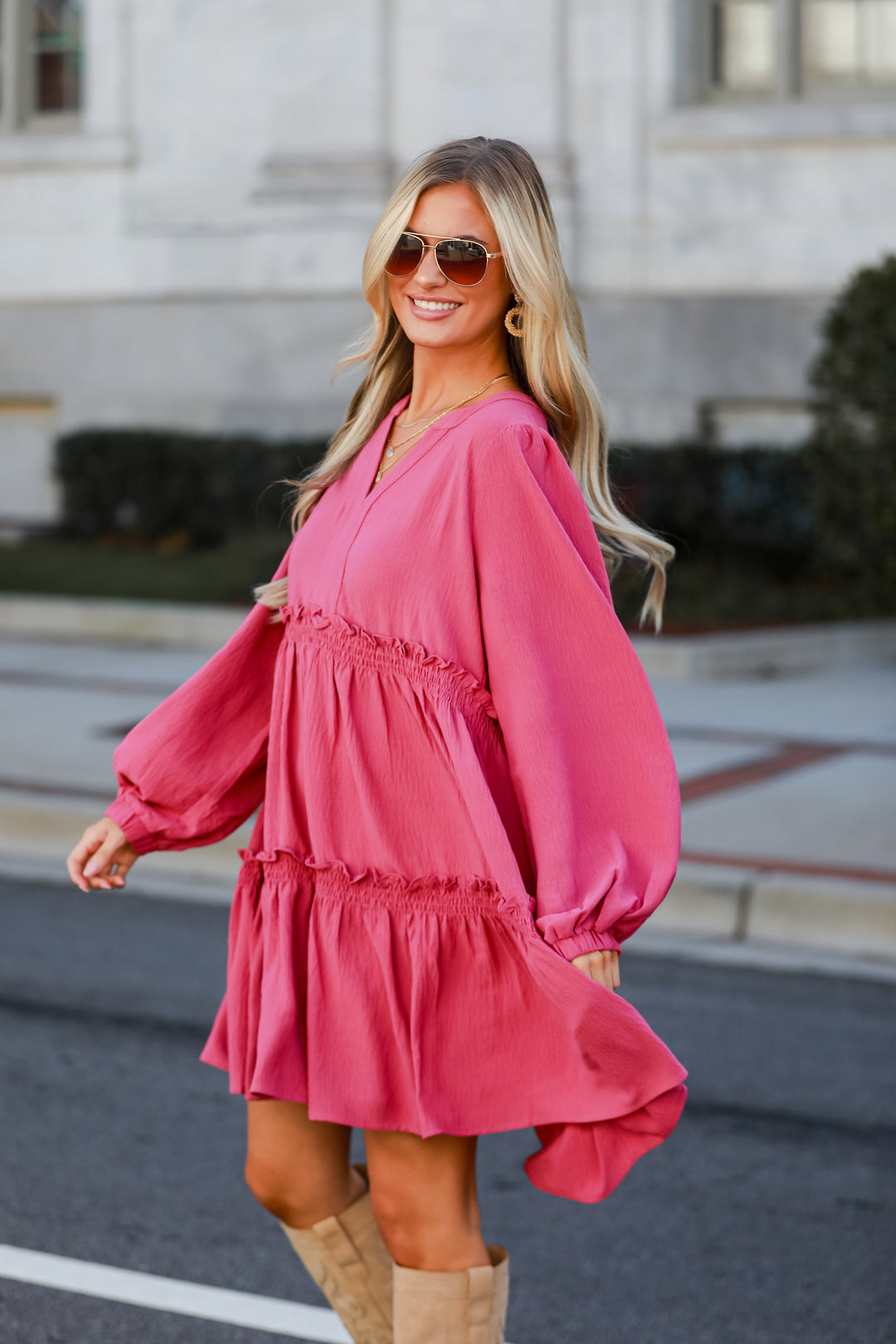 long sleeve pink Tiered Mini Dress