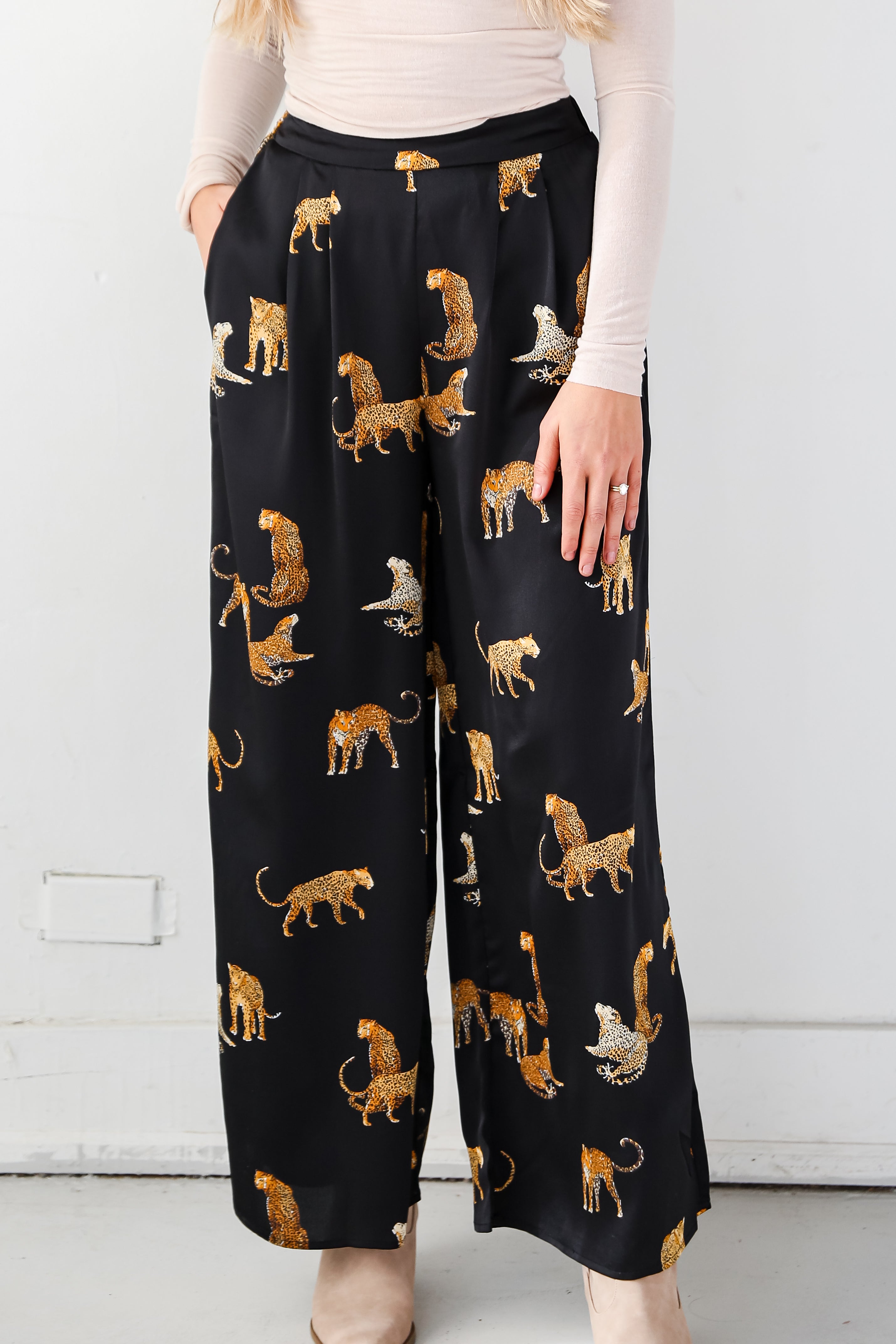 Black Cheetah Wide Leg Pants front view