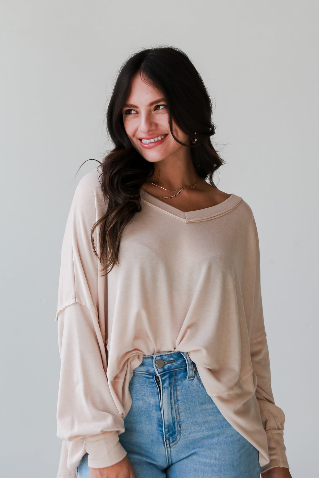 beige Oversized Knit Top front view