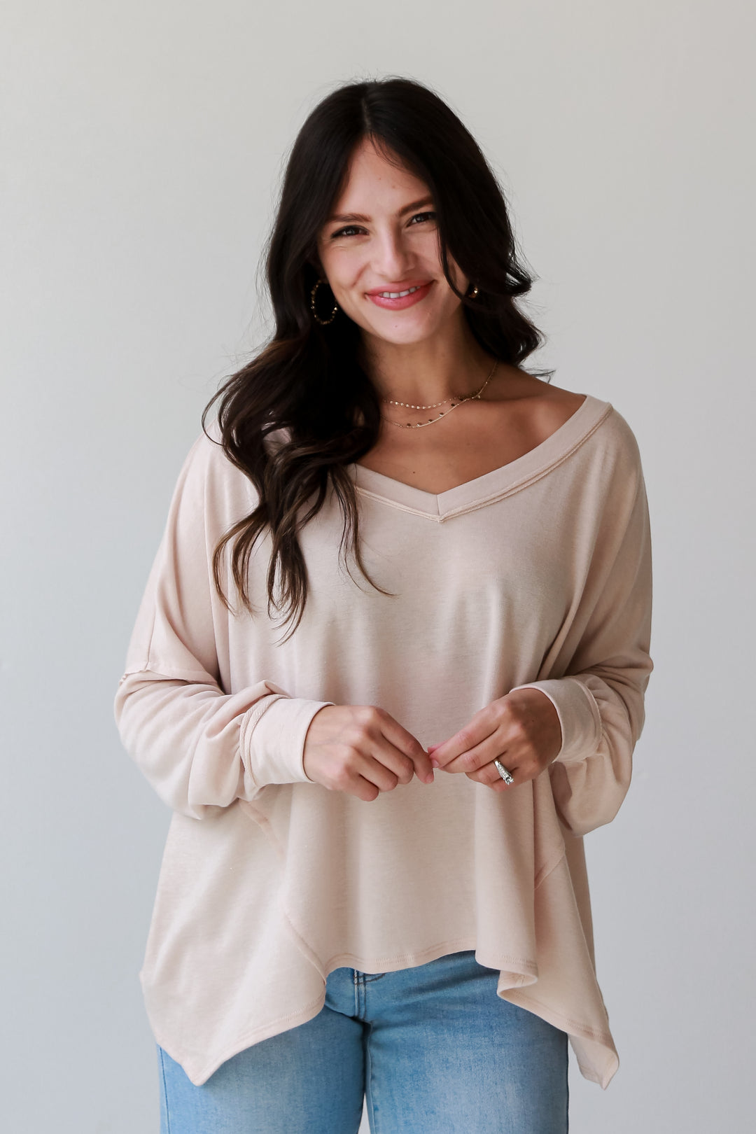beige Oversized Knit Top front view
