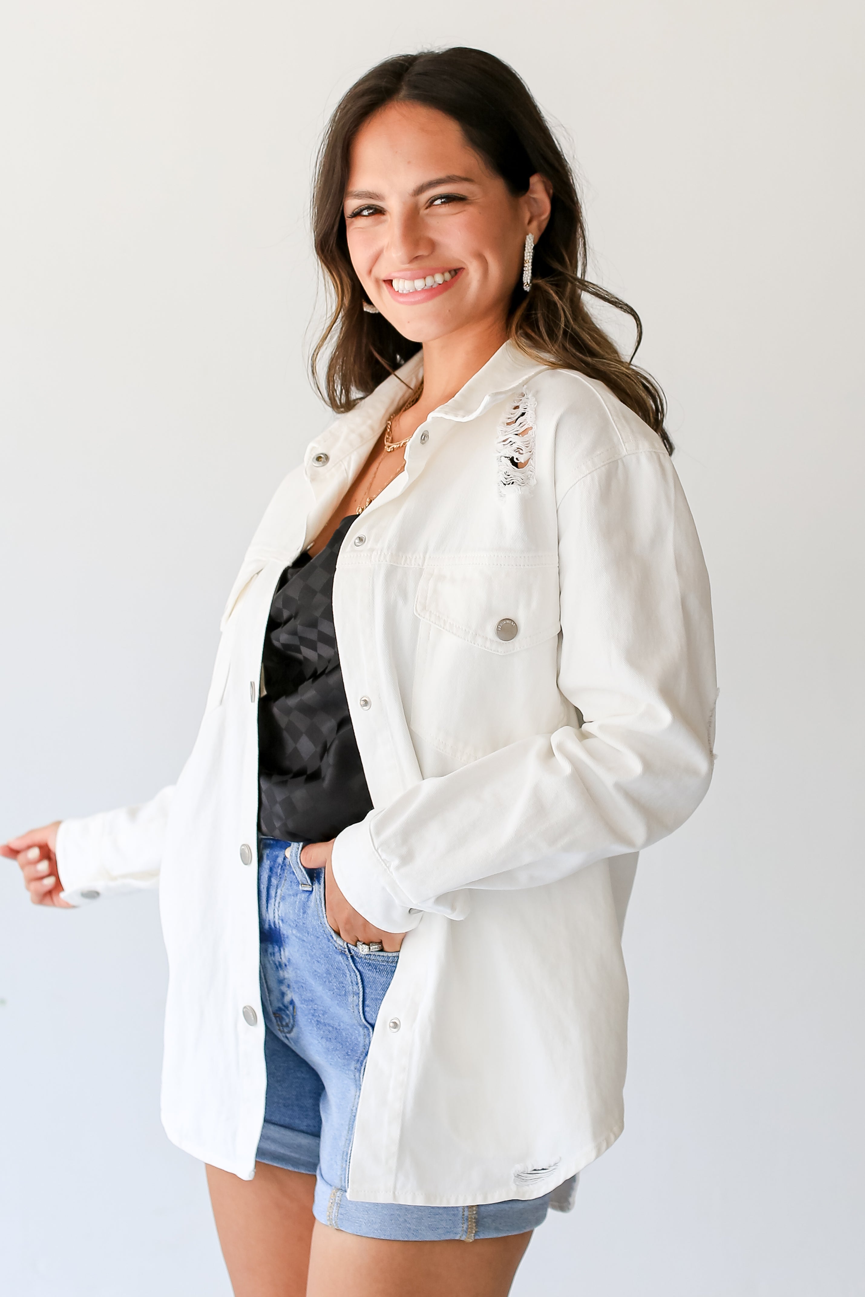 White Distressed Denim Jacket side view