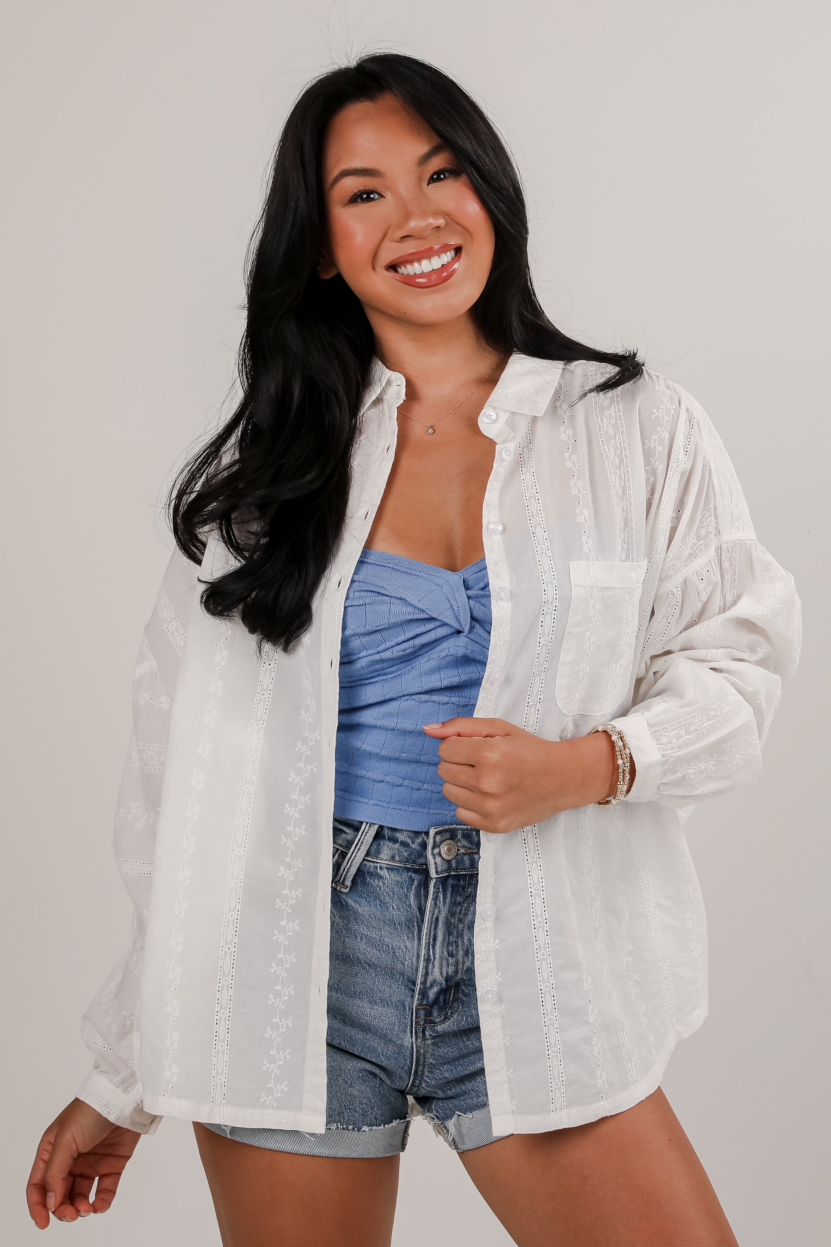 Melodies And Memories White Embroidered Button-Up Blouse