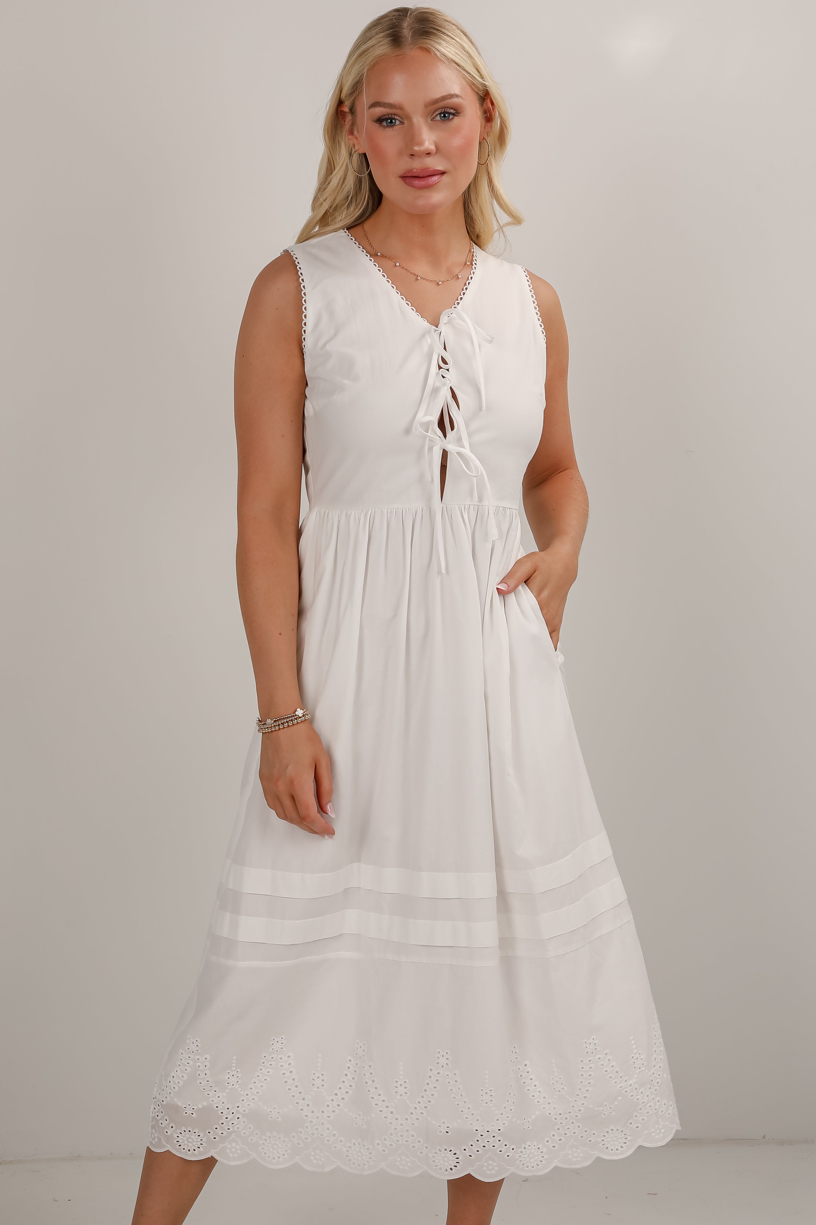 All I Could Want White Eyelet Bow Midi Dress
