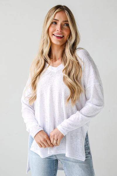 cute White Long Sleeve Knit Top